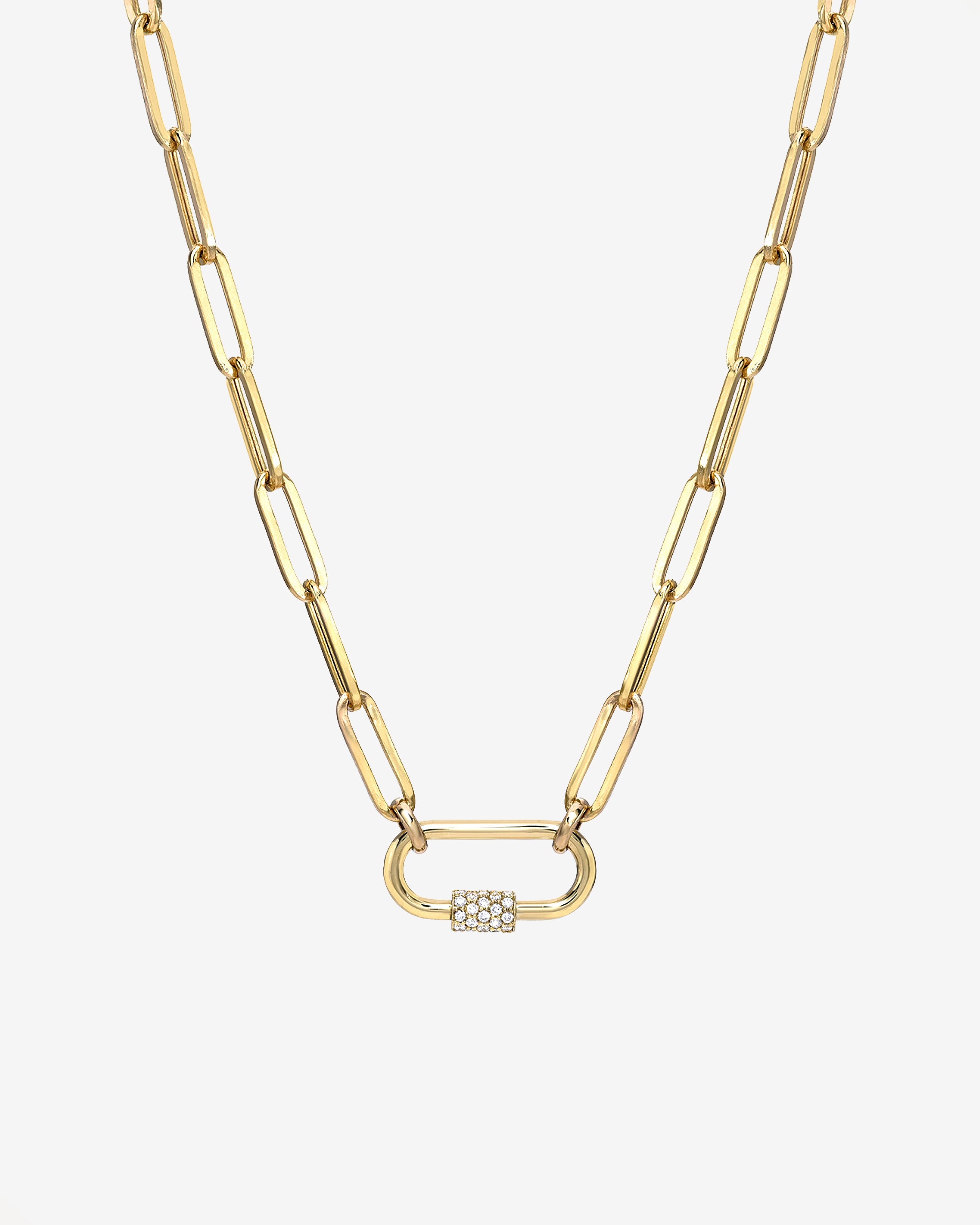 14k Gold Large Paper Clip Chain With Diamond Carabiner Necklace