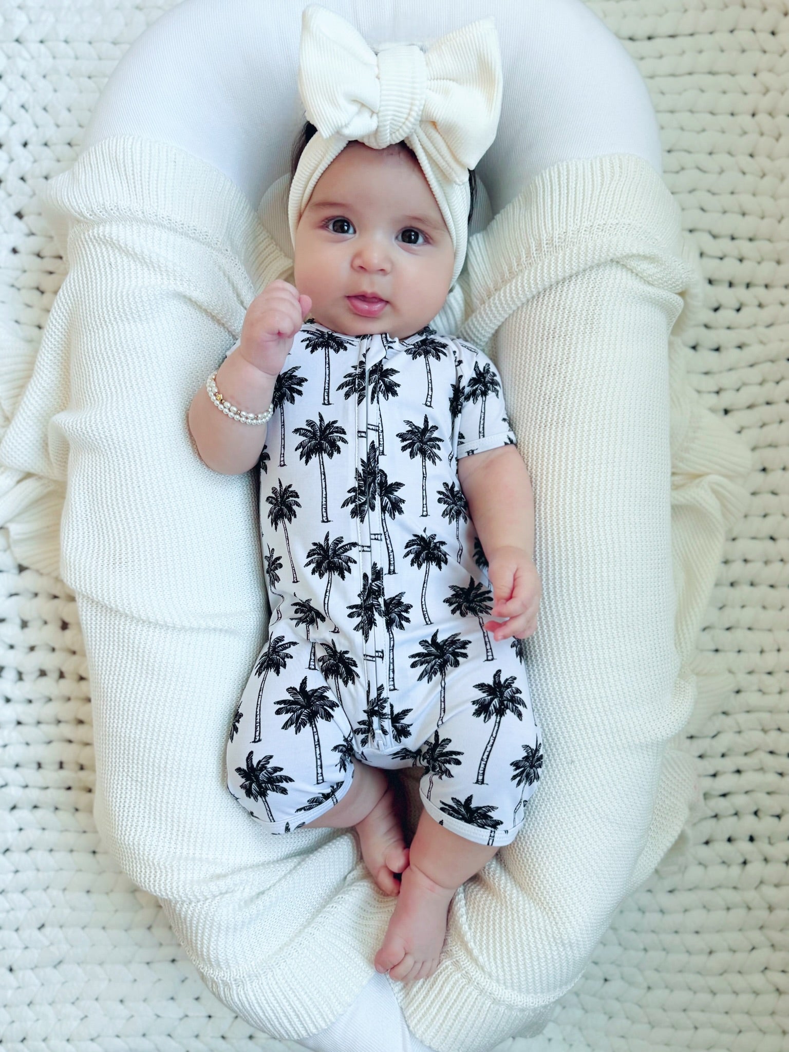 Bamboo Shorty Romper | Palm Style White