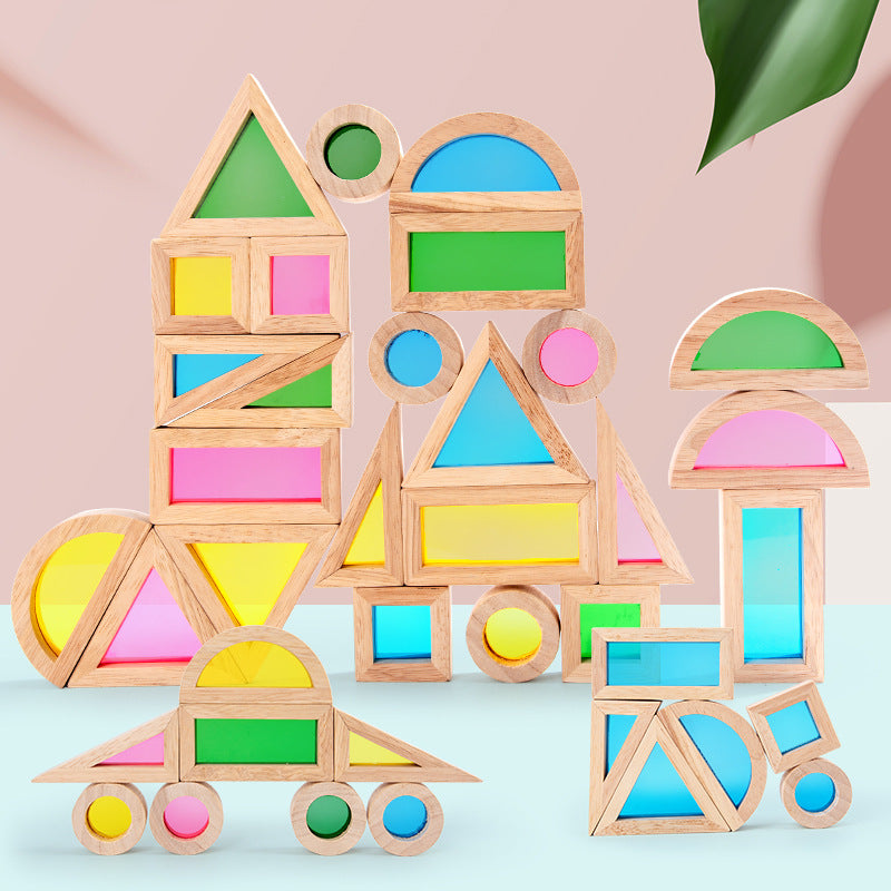 24 Pcs Rainbow Acrylic Sensory Wooden Building Blocks