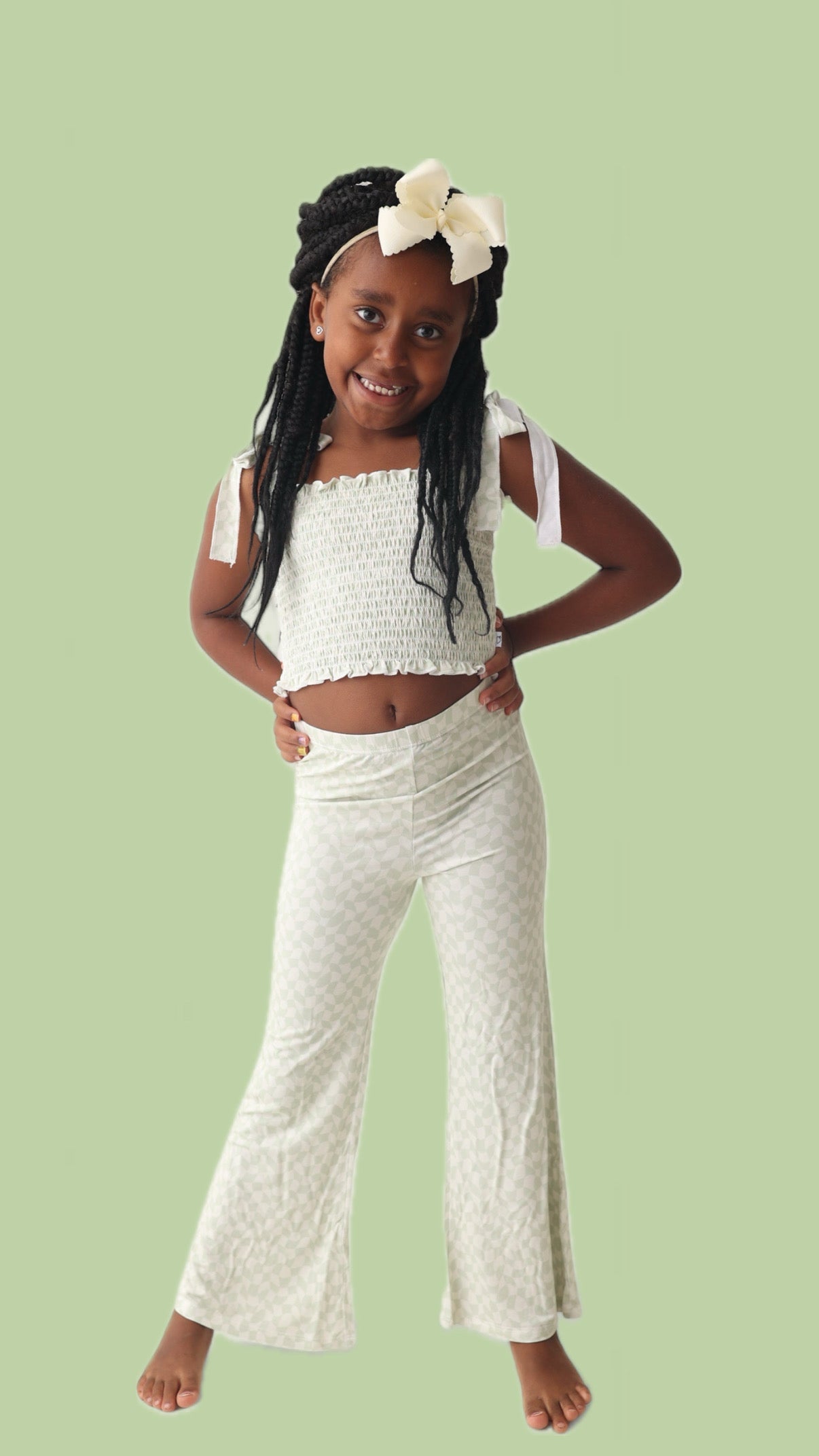 Sage Wavy Checkers Dream Smocked Flare Set