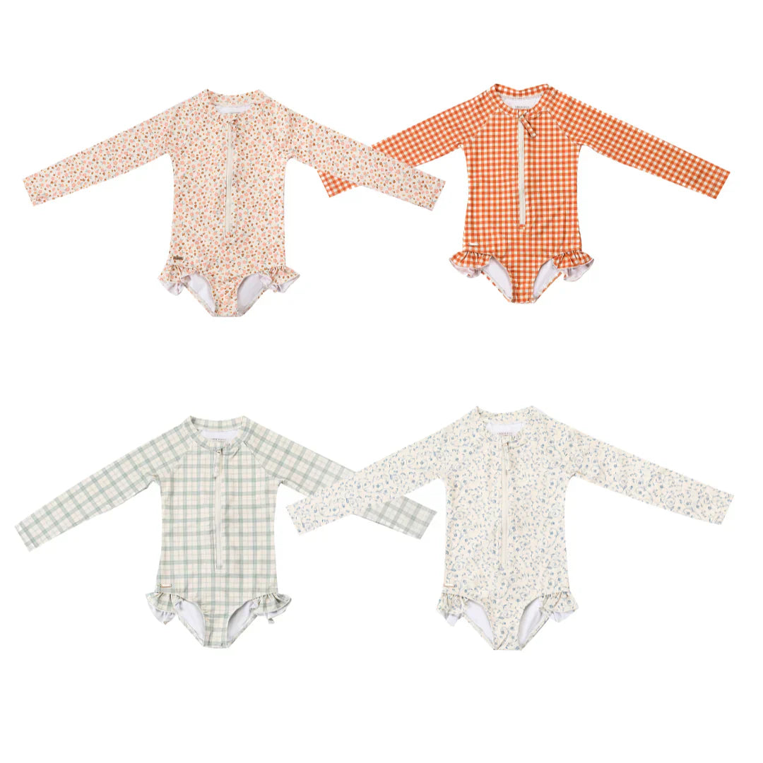 Long Sleeve Rashguard Ruffle Swimsuit | Upf + Recycled - Scandi Floral