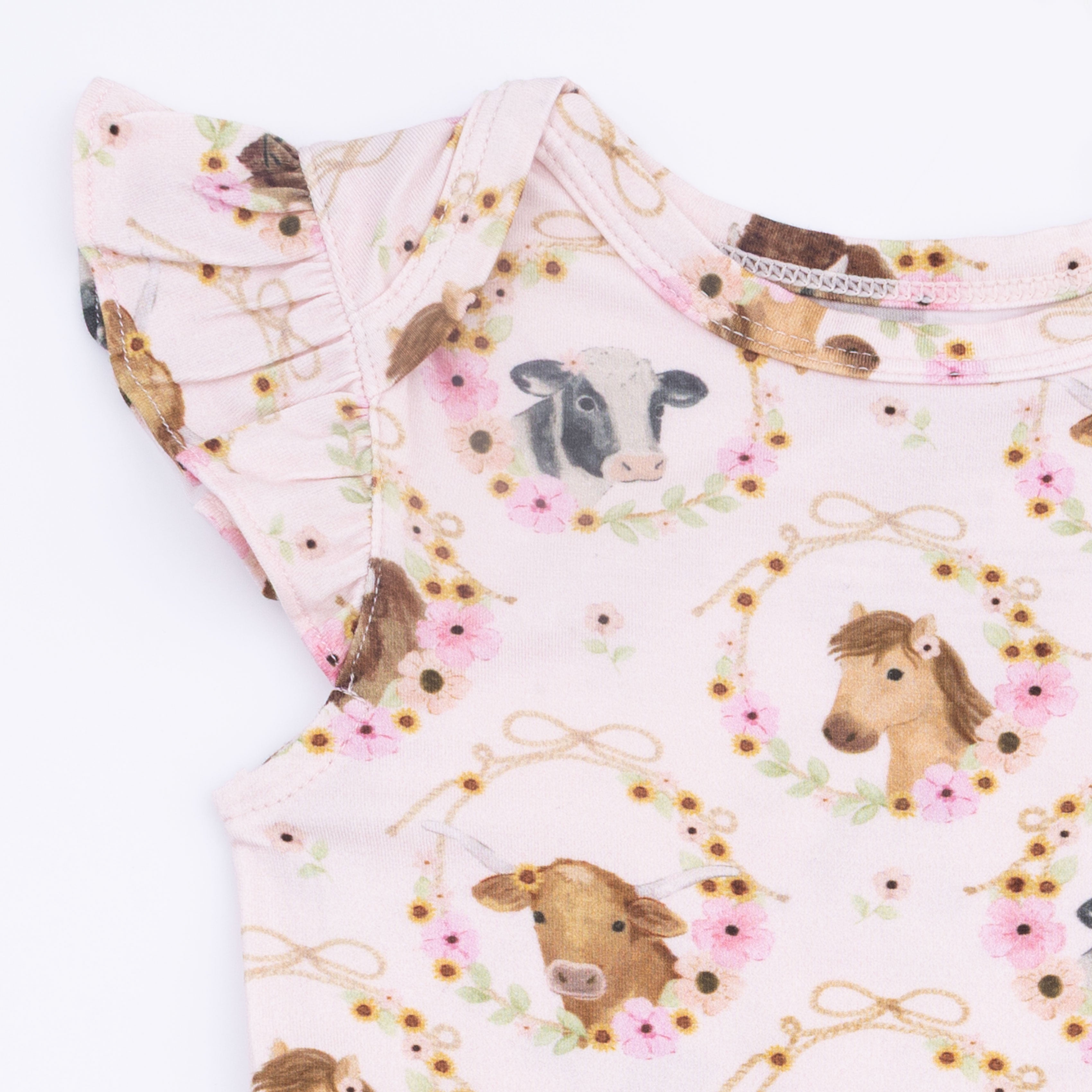 Farm Animals Floral Cameos Pink - Ruffle Sleeve Bodysuit
