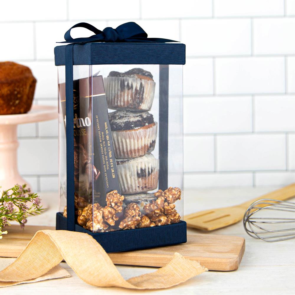 Plastic Gift Boxes Navy Blue 8x4x4 6 Pack Bakery Boxes With Base Lid & Ribbon