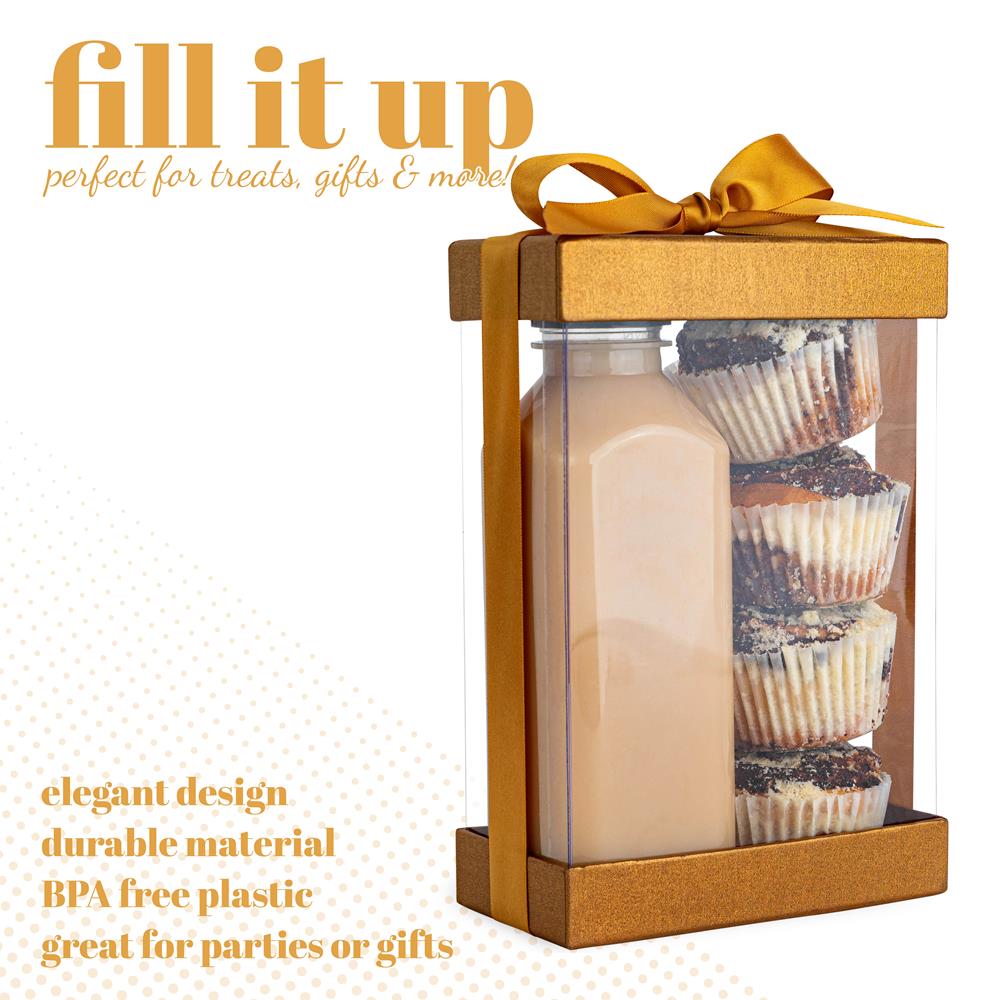 Plastic Gift Boxes Gold 7.5x5x2.5" 6 Pack Bakery Boxes With Base Lid & Ribbon