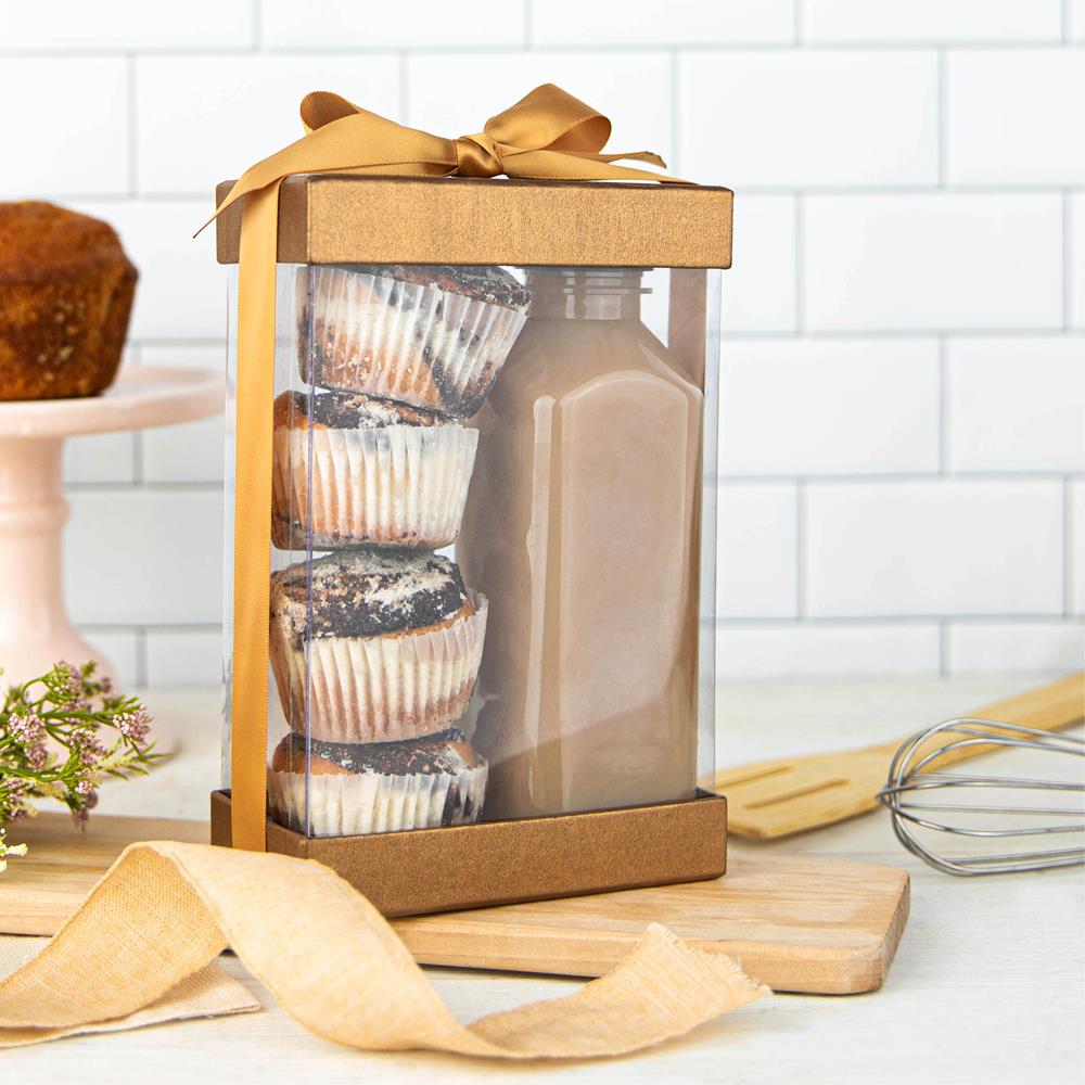 Plastic Gift Boxes Gold 7.5x5x2.5" 6 Pack Bakery Boxes With Base Lid & Ribbon