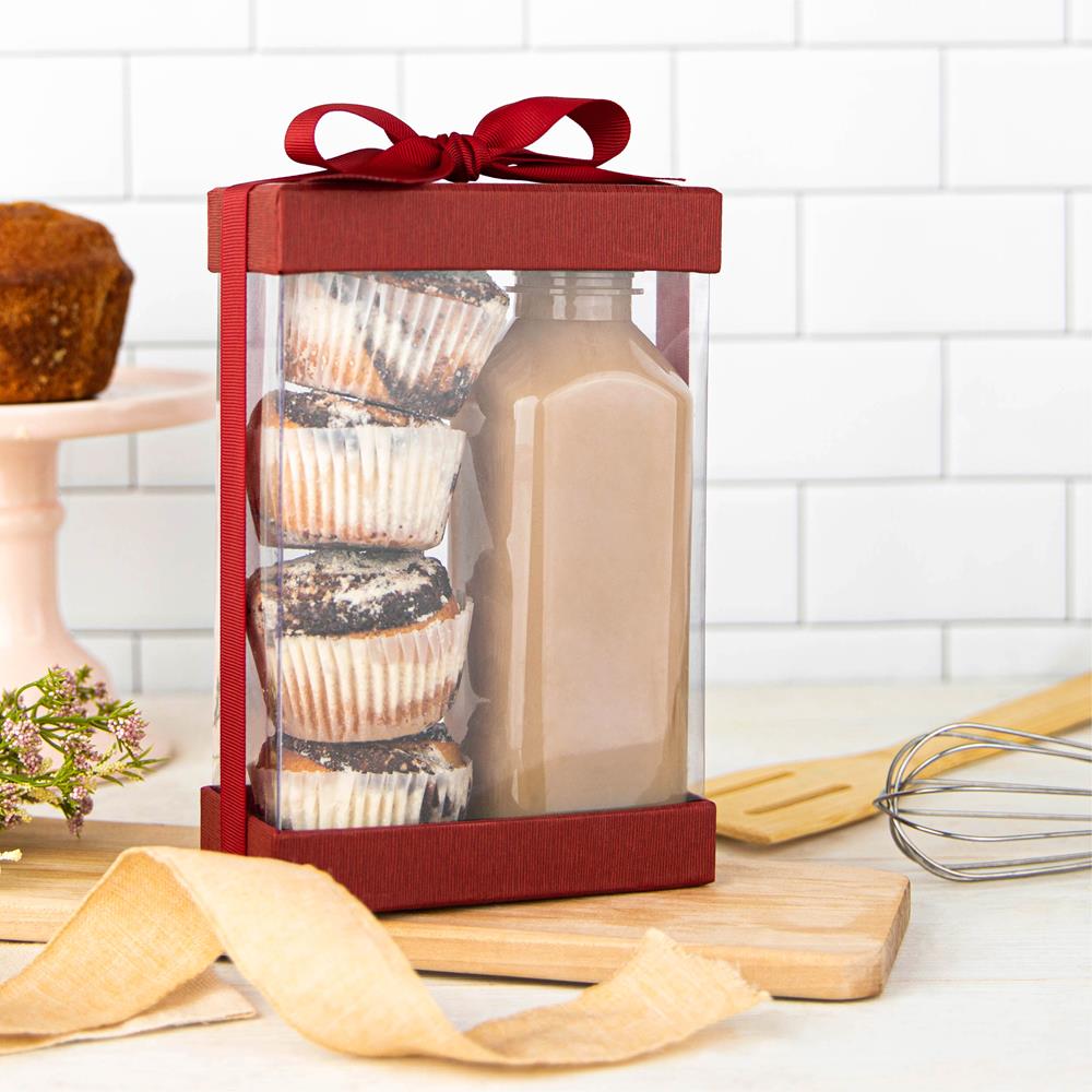 Plastic Gift Boxes With Base Lid & Ribbon Maroon 7.5x5x2.5" 6 Pack Bakery Boxes