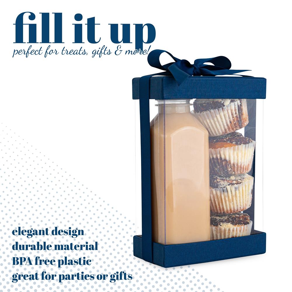 Plastic Gift Boxes 6 Pack With Base Lid & Ribbon Navy Blue 7.5x5x2.5" Bakery Boxes