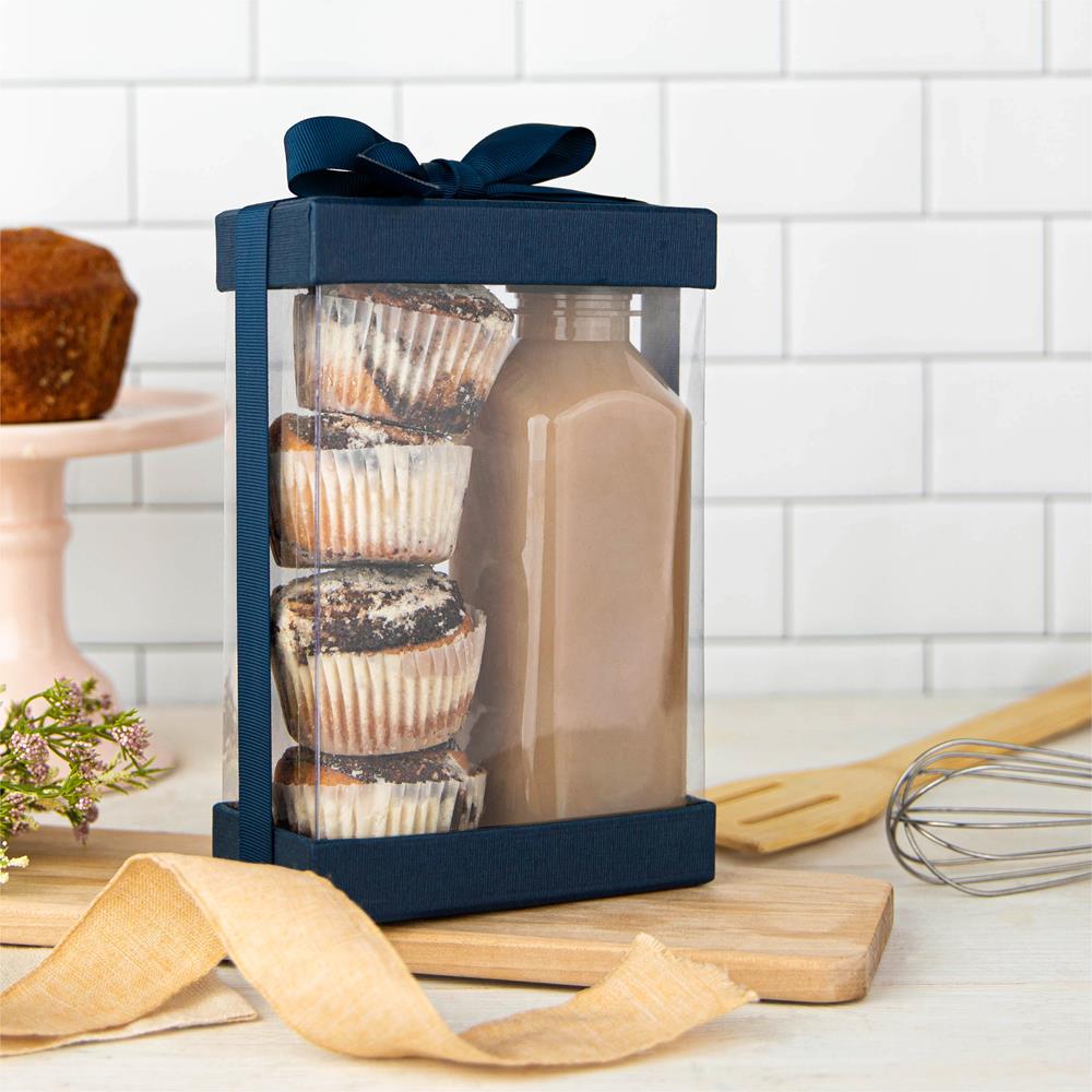 Plastic Gift Boxes 6 Pack With Base Lid & Ribbon Navy Blue 7.5x5x2.5" Bakery Boxes