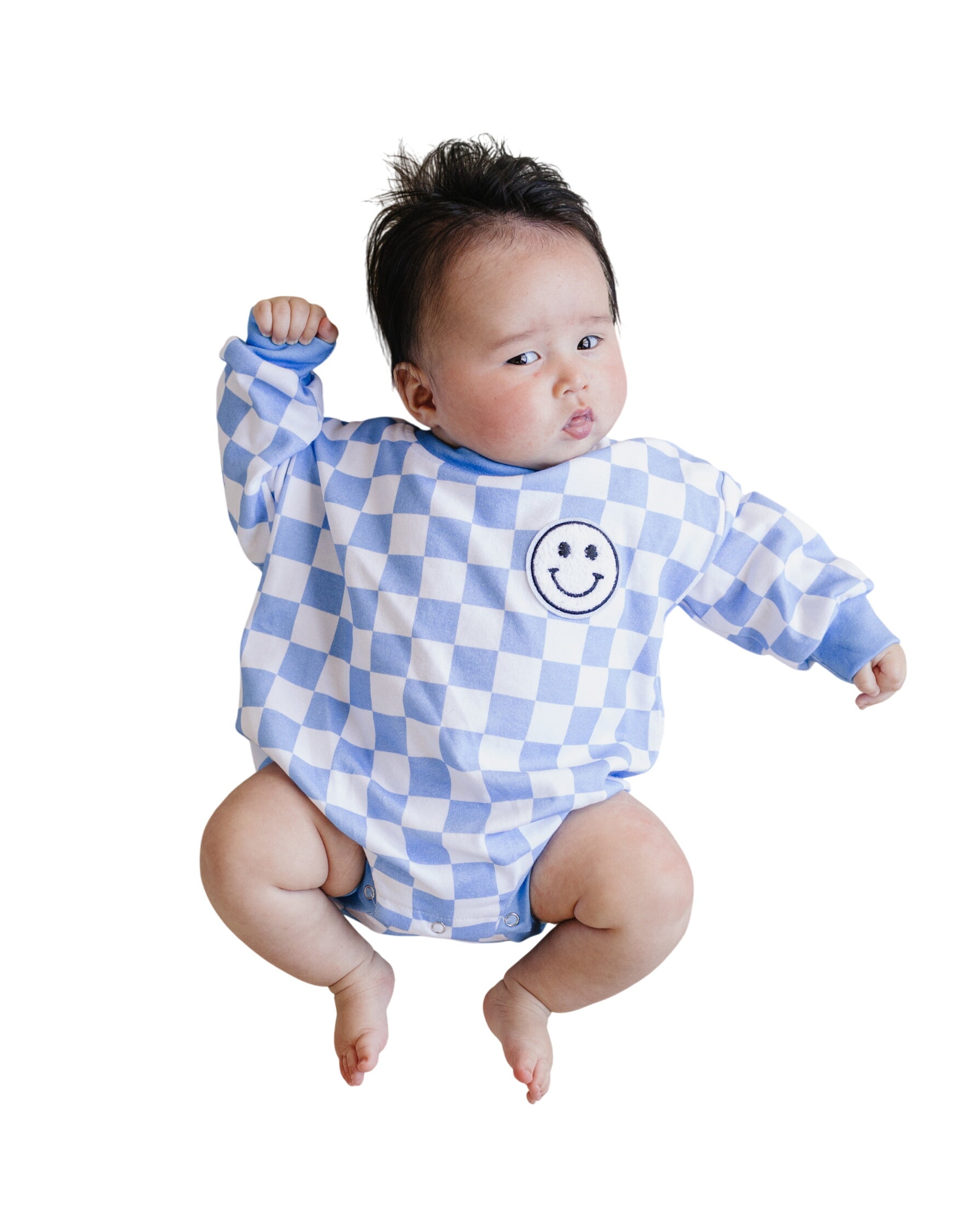 Bubble Romper | Checkered Smiley Blue