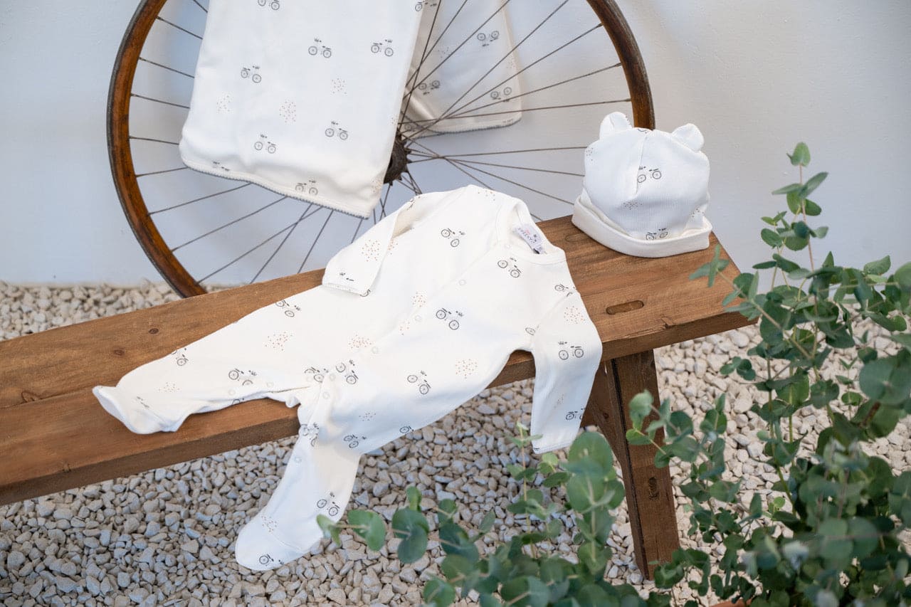 Sam | Boys Ivory Cotton Vintage Bike Babysuit Set