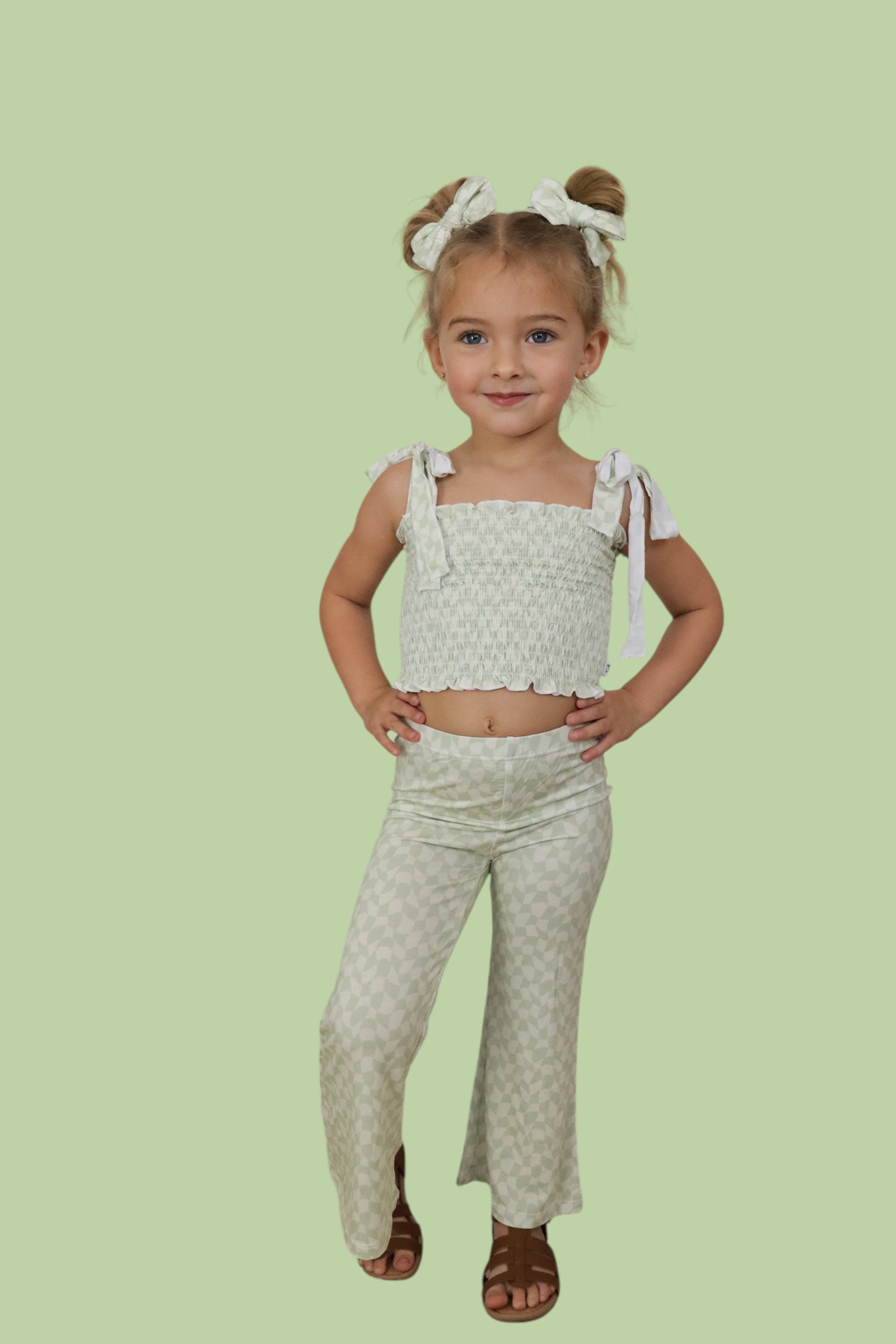 Sage Wavy Checkers Dream Smocked Flare Set