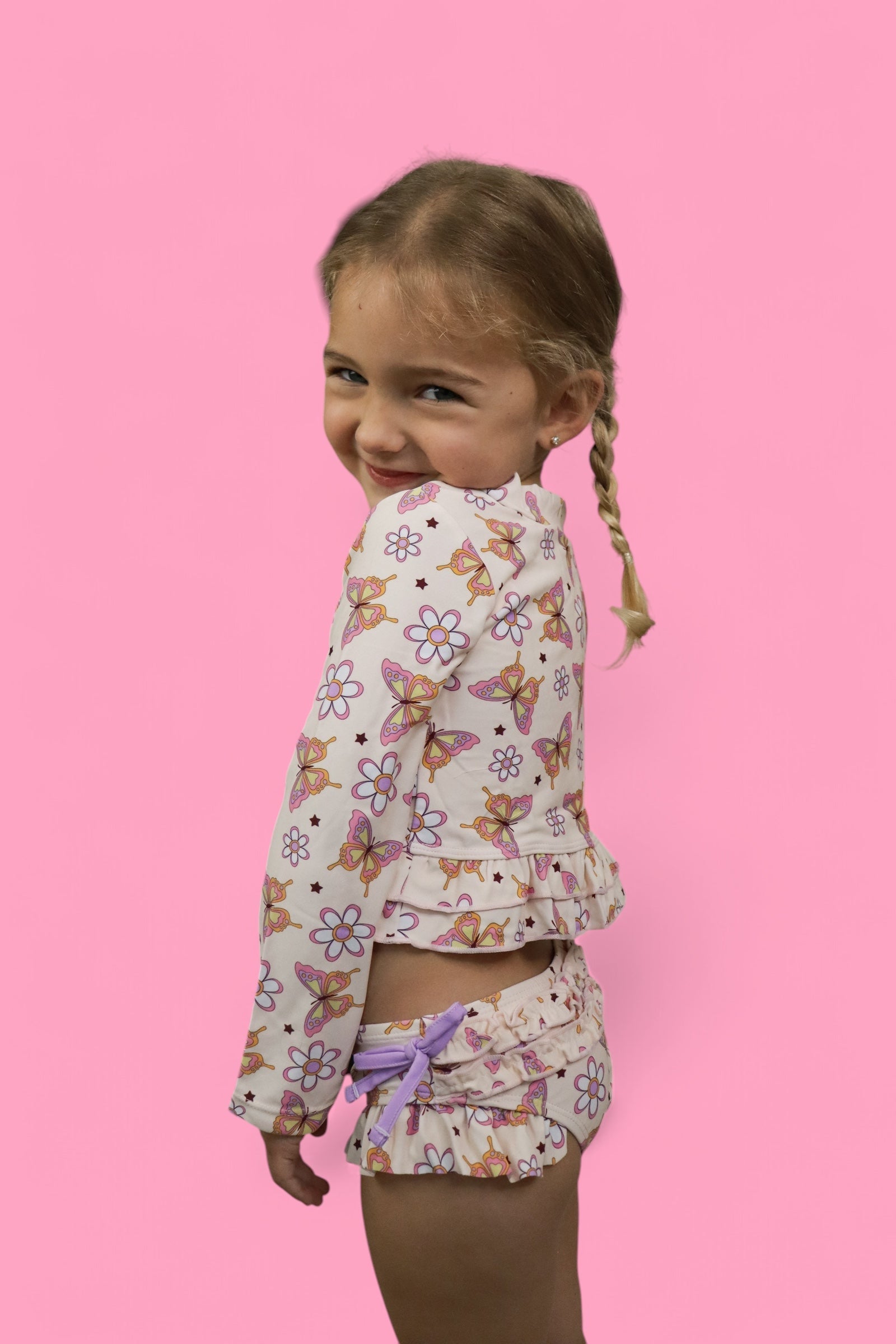 Blossomin’ Butterfly Dream 2-piece Rash Guard Ruffle Swim Suit