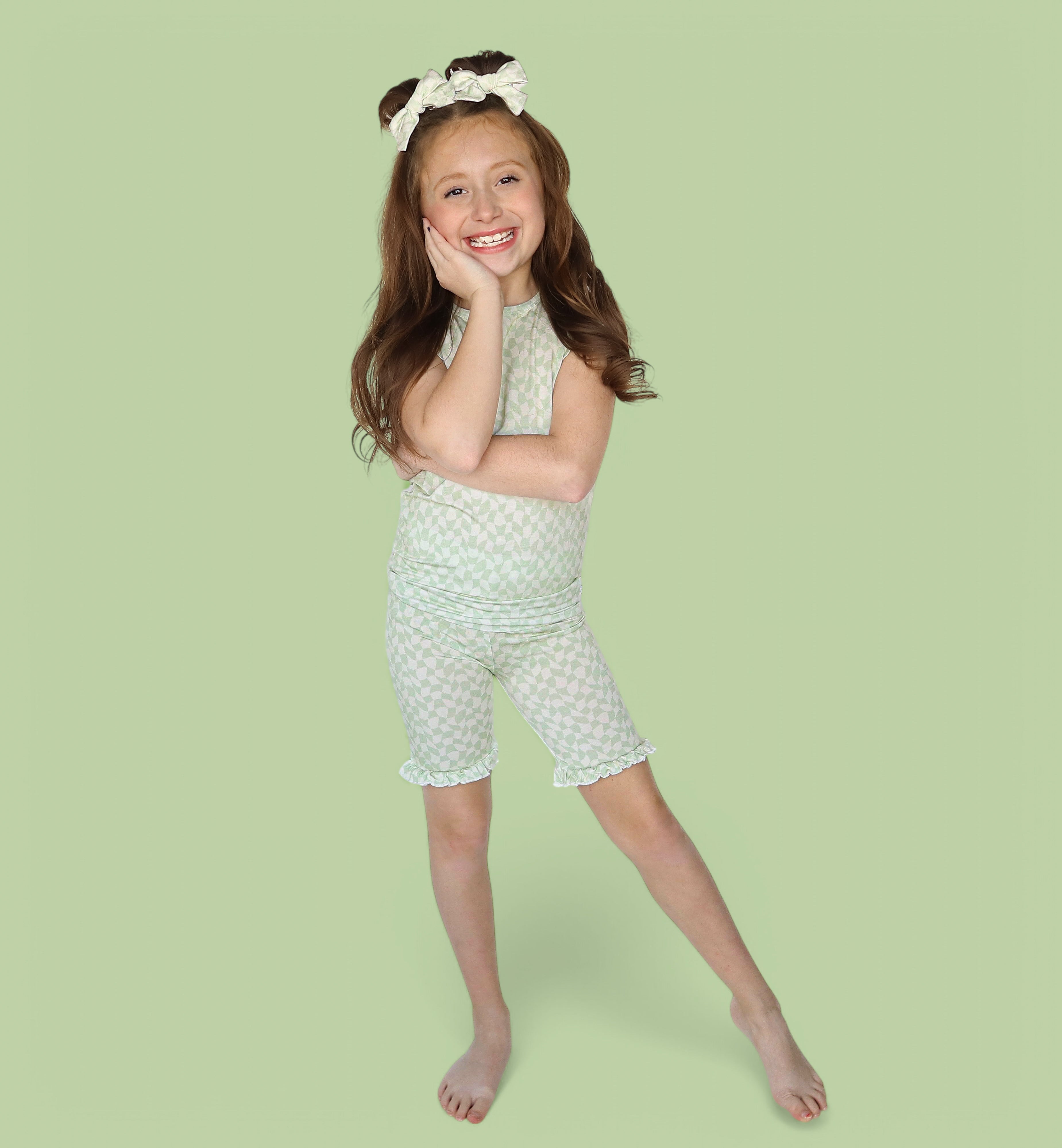 Sage Wavy Checkers Dream Ruffle Short Set