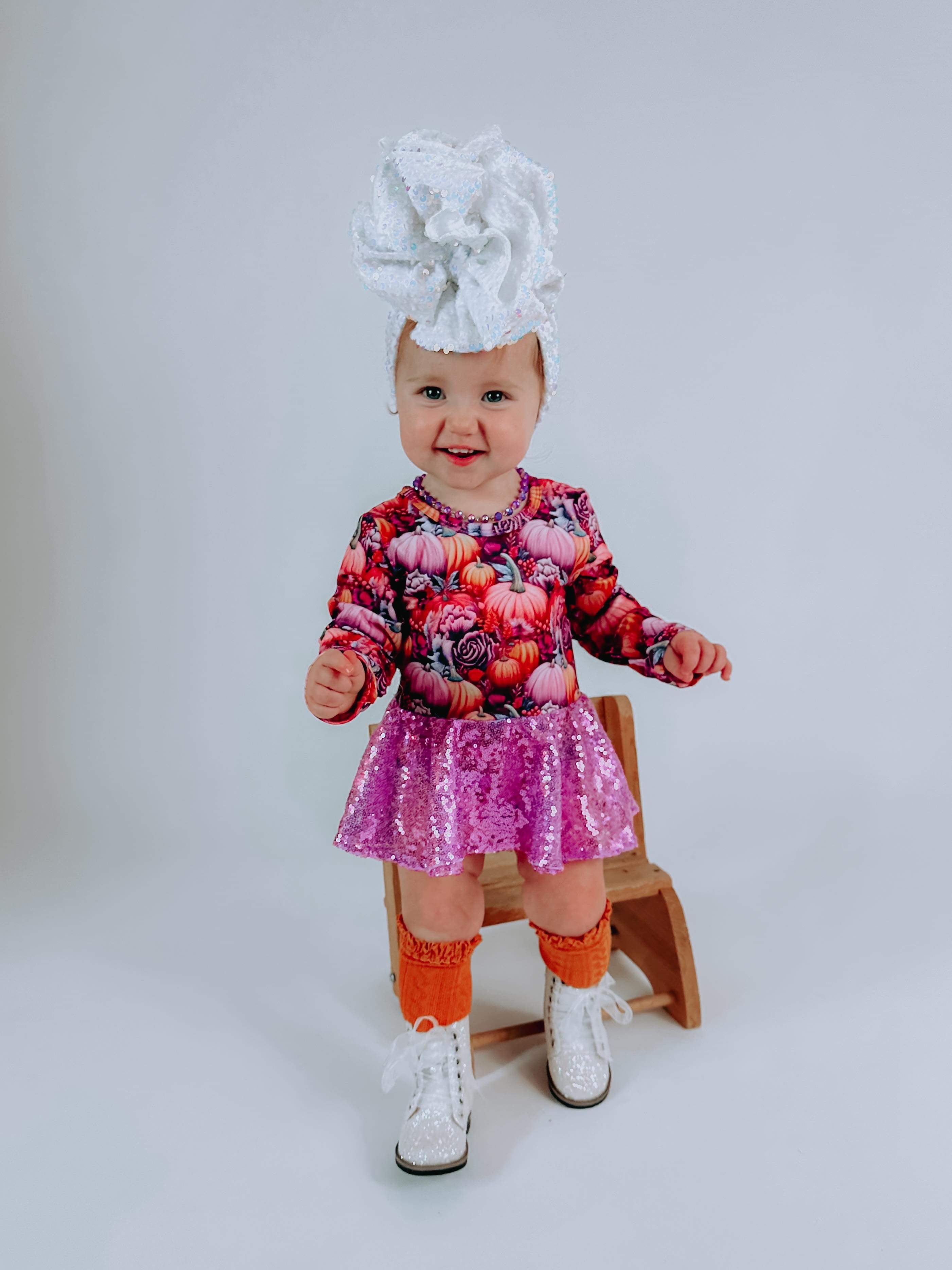 Purple Pumpkin Long Sleeve Mesh Skirted Romper