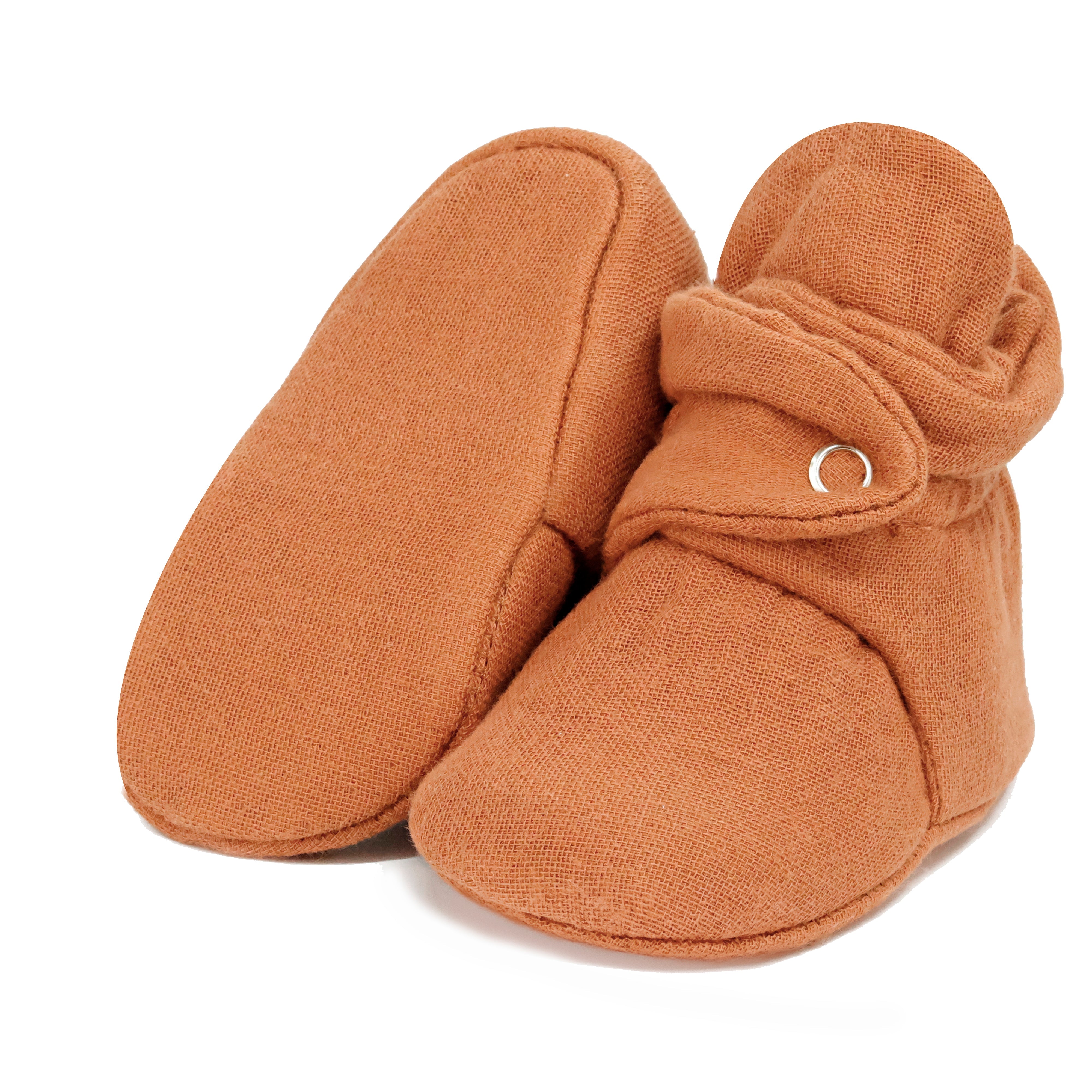 Muslin Stay On Baby Booties Walnut