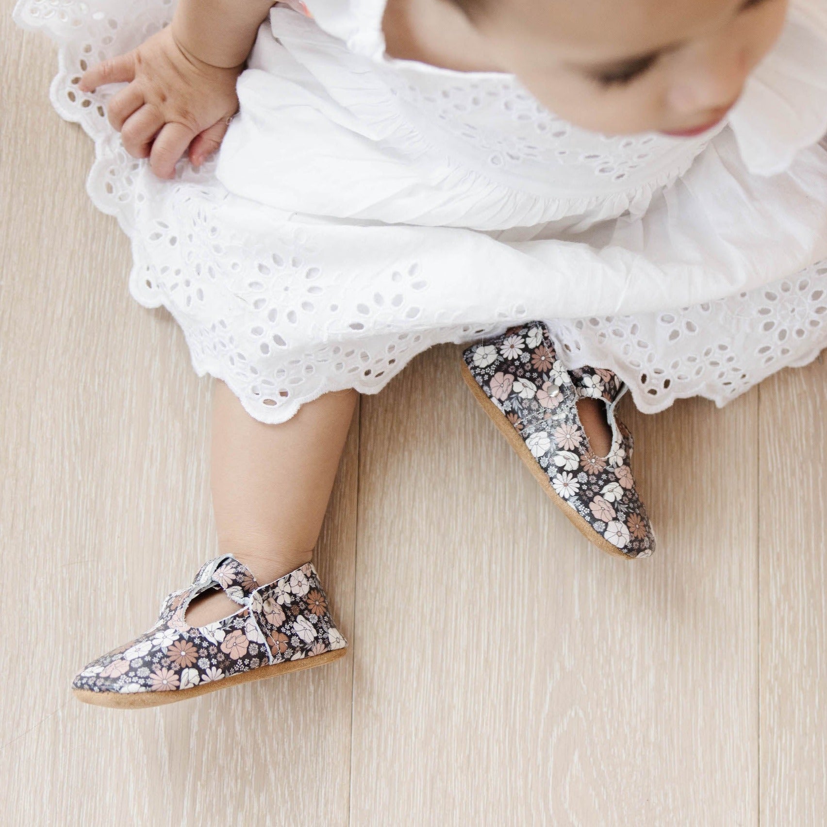 Black Floral - T-strap Mary Jane - Soft Sole