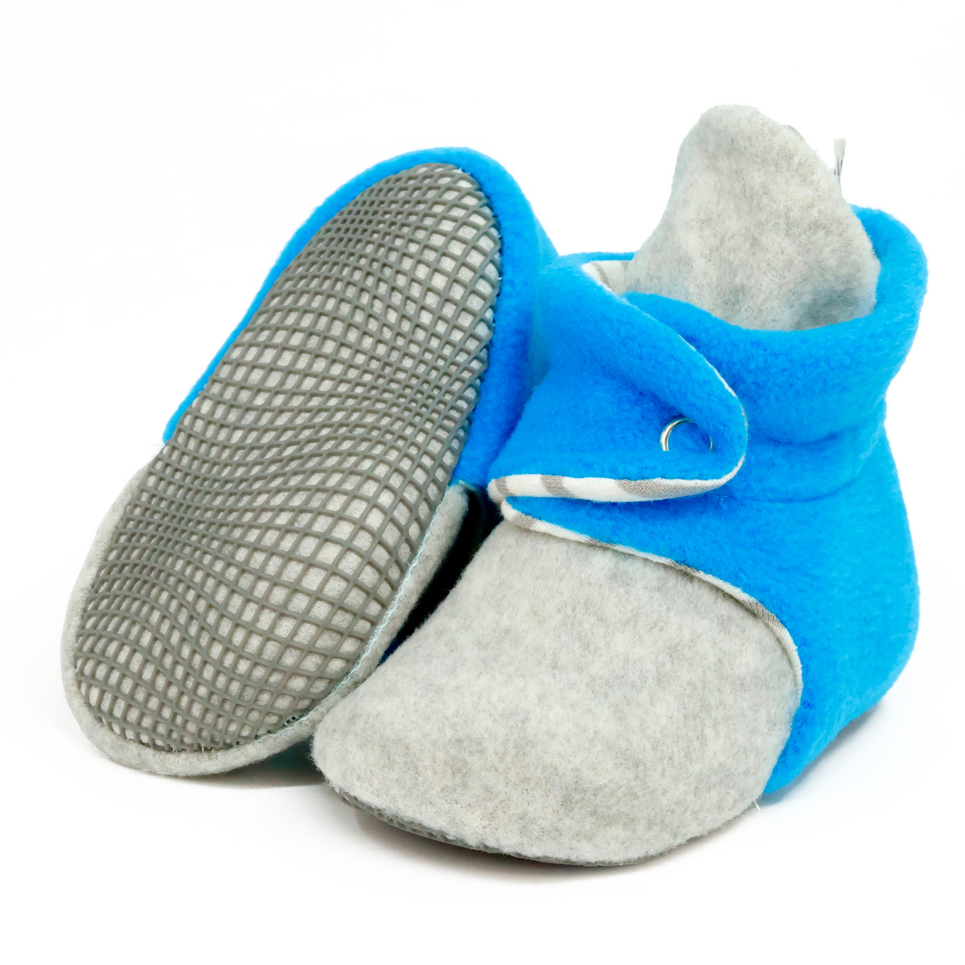 Anti-slip Sole, Fleece Baby Booties, Newborn Home Booties, Sweat Proof Organic Cotton Lining, Gray Blue