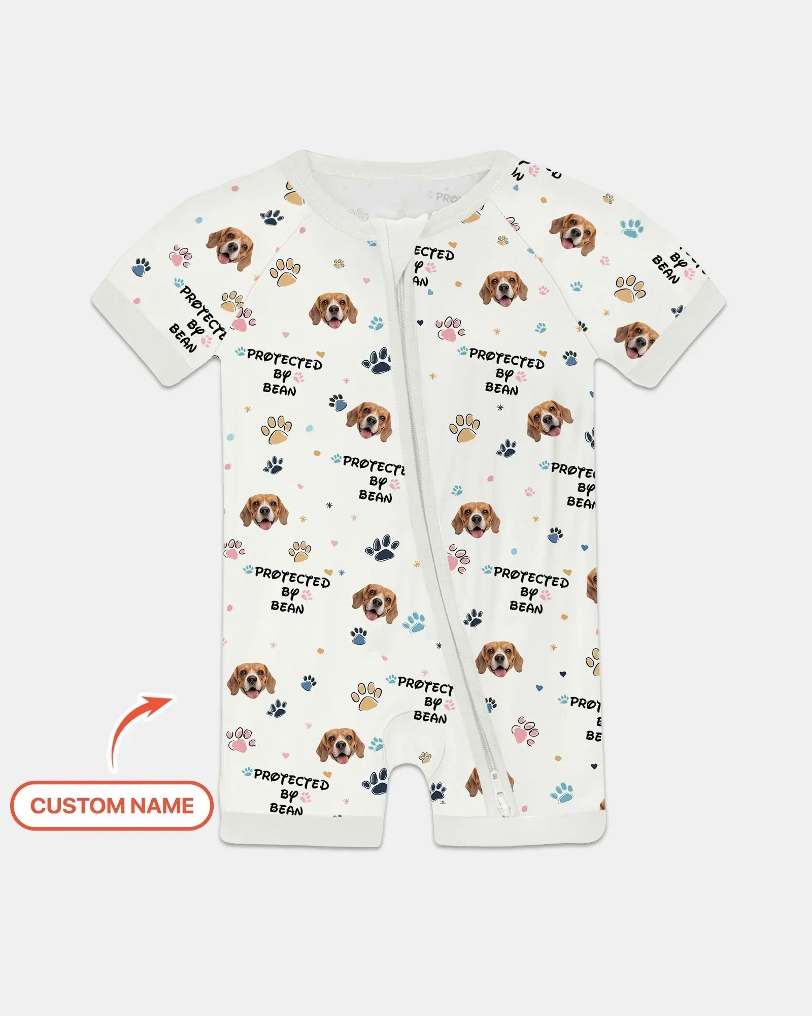 Custom Dog Photo Pattern "protected By" Bamboo Shorty Zippered Romper