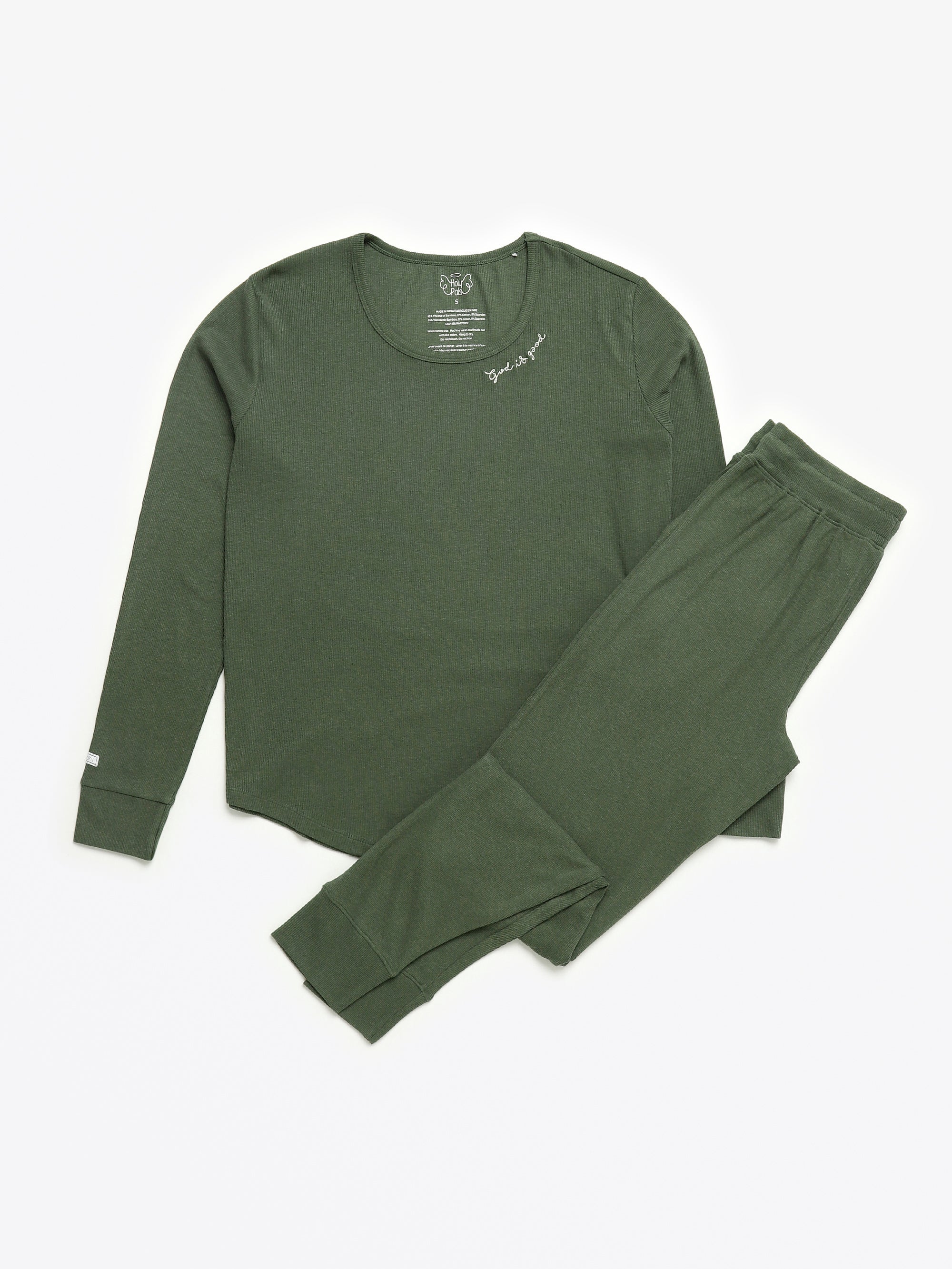 Solid Olive Womens Pj Jogger Set Ribbed Cotton-bamboo Blend