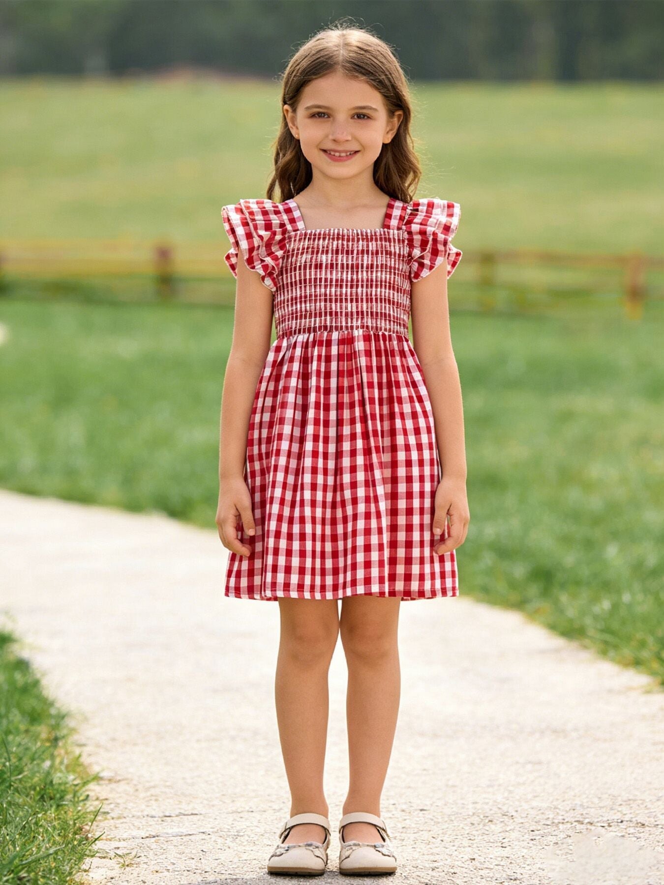 Summer Plaid Smocked Ruffle Girl Dress Sibling Outfits
