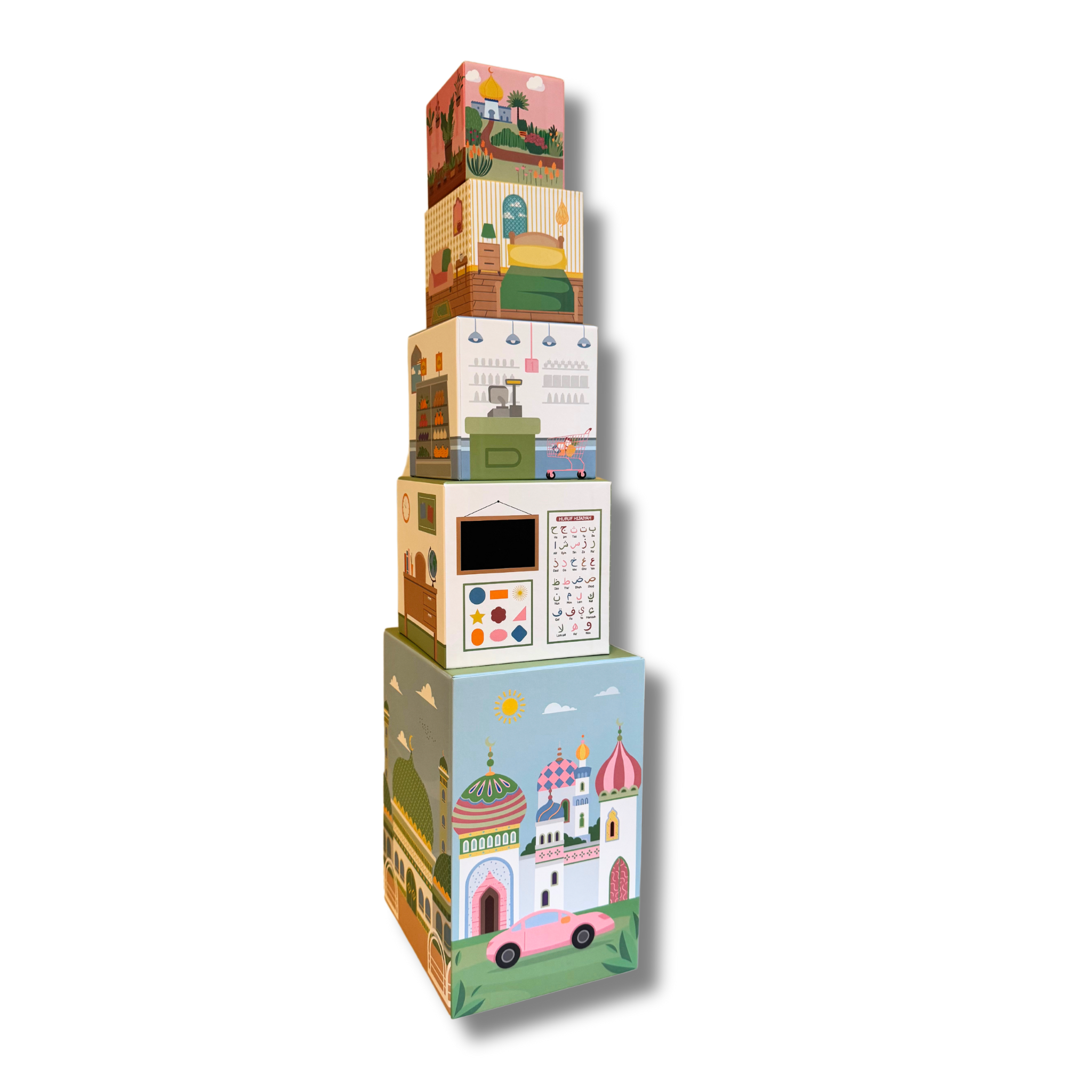 Stacking Houses (set Of 5 Houses And 3 Hardwood Characters)