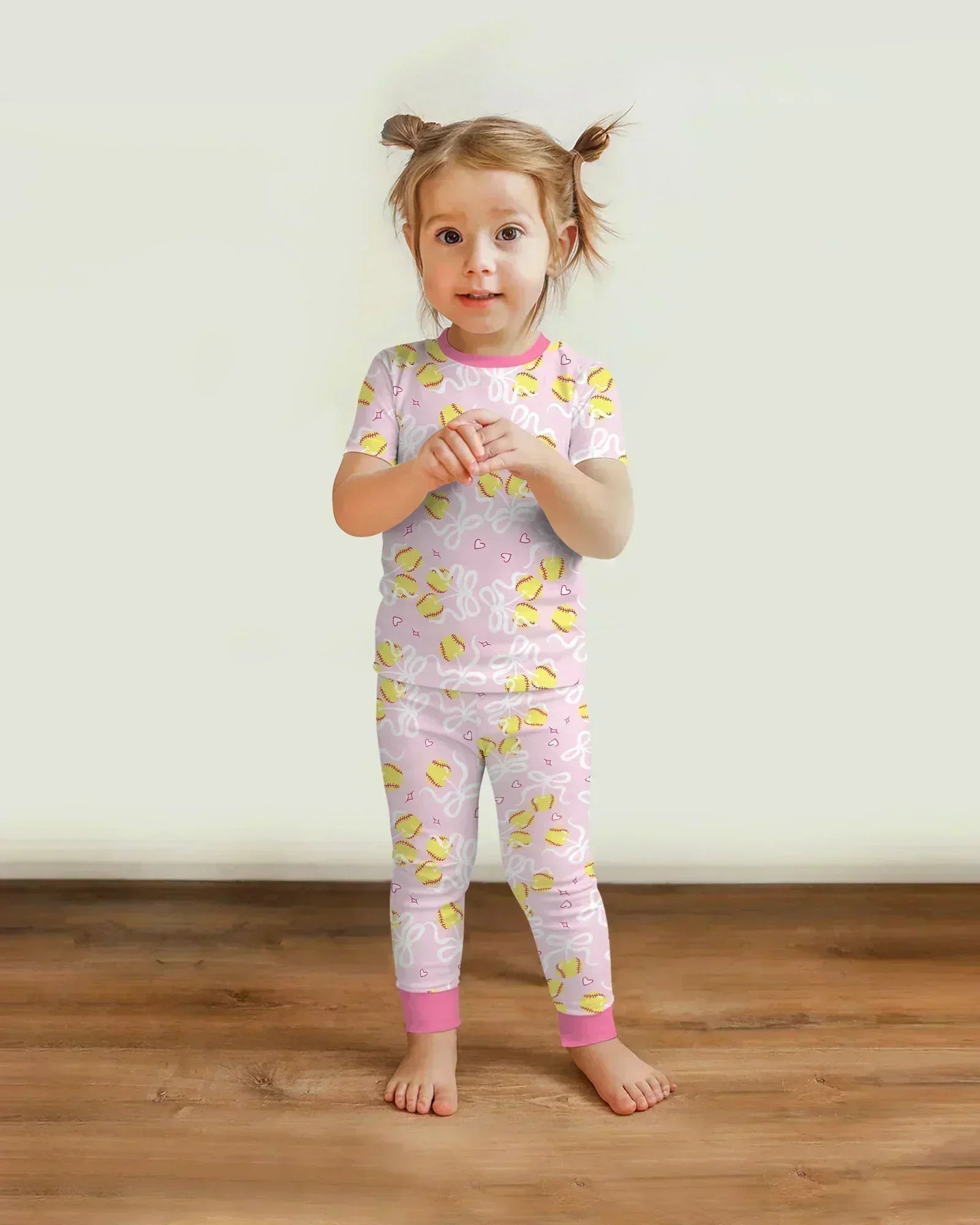 Softball Cherry Mom And Girl Matching Bamboo Two Piece Short Sleeve Pajama Set