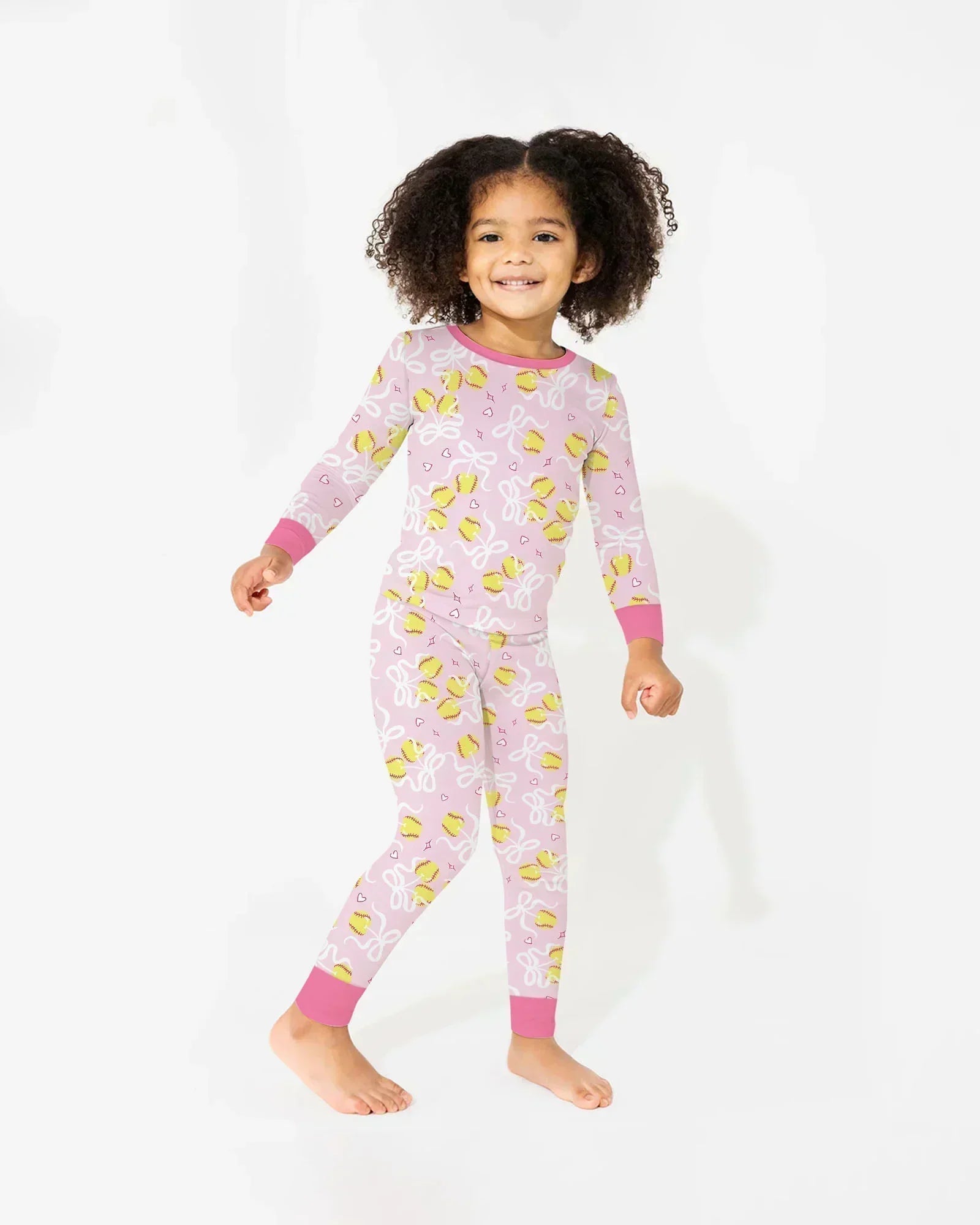 Softball Cherry Mom And Girl Matching Bamboo Two Piece Long Sleeve Pajama Set