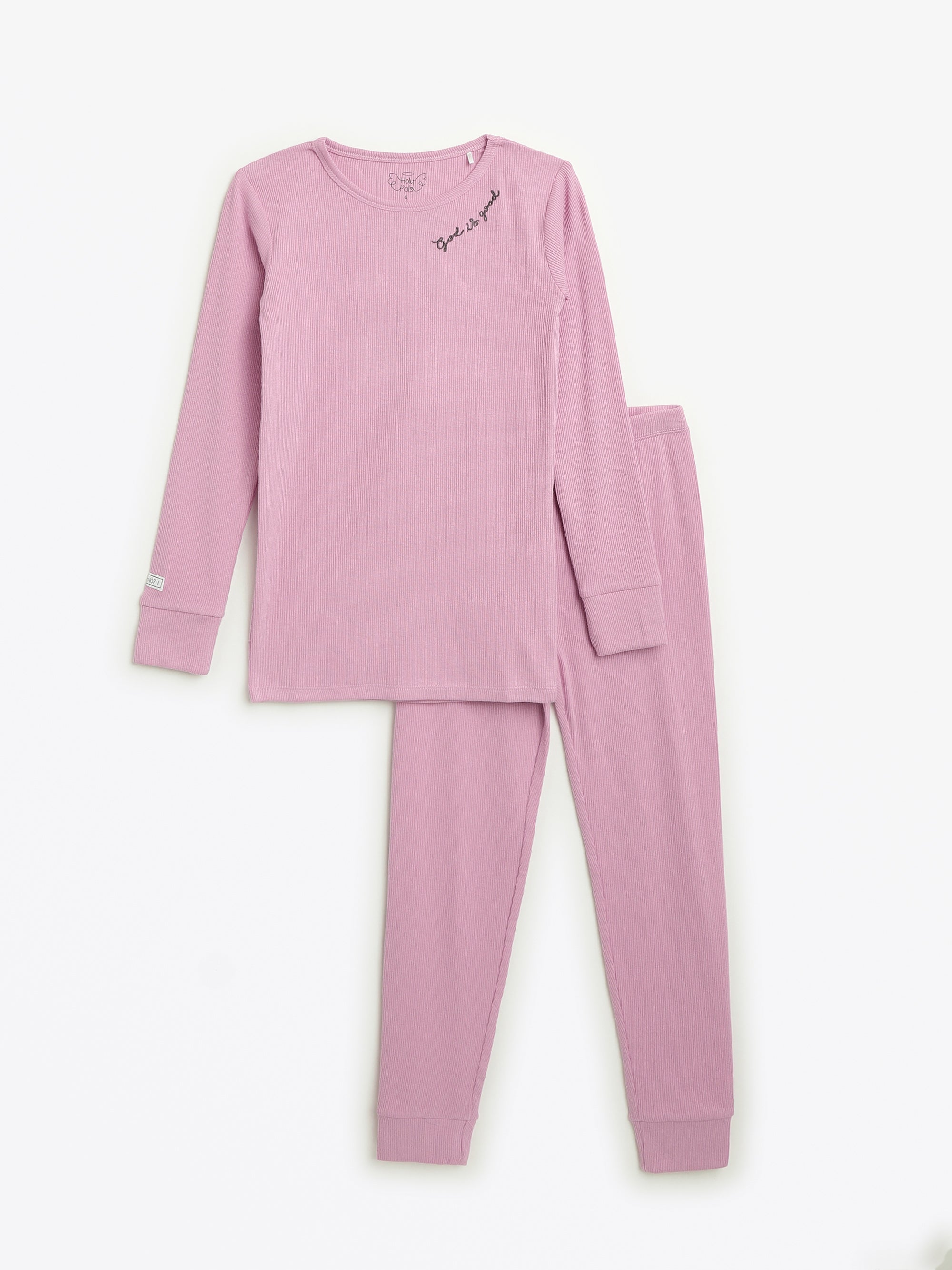 Solid Mauve Pj Long Sleeve Set Ribbed Cotton-bamboo Blend