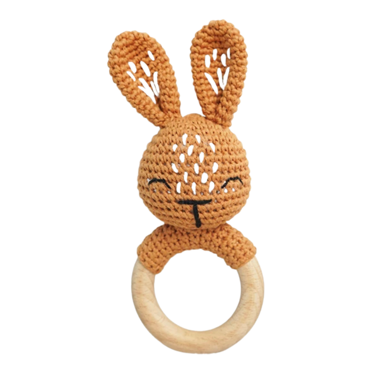 Handmade Organic Cotton Rattle Ring Teether · Bunny Design · Brown/rust Body Color