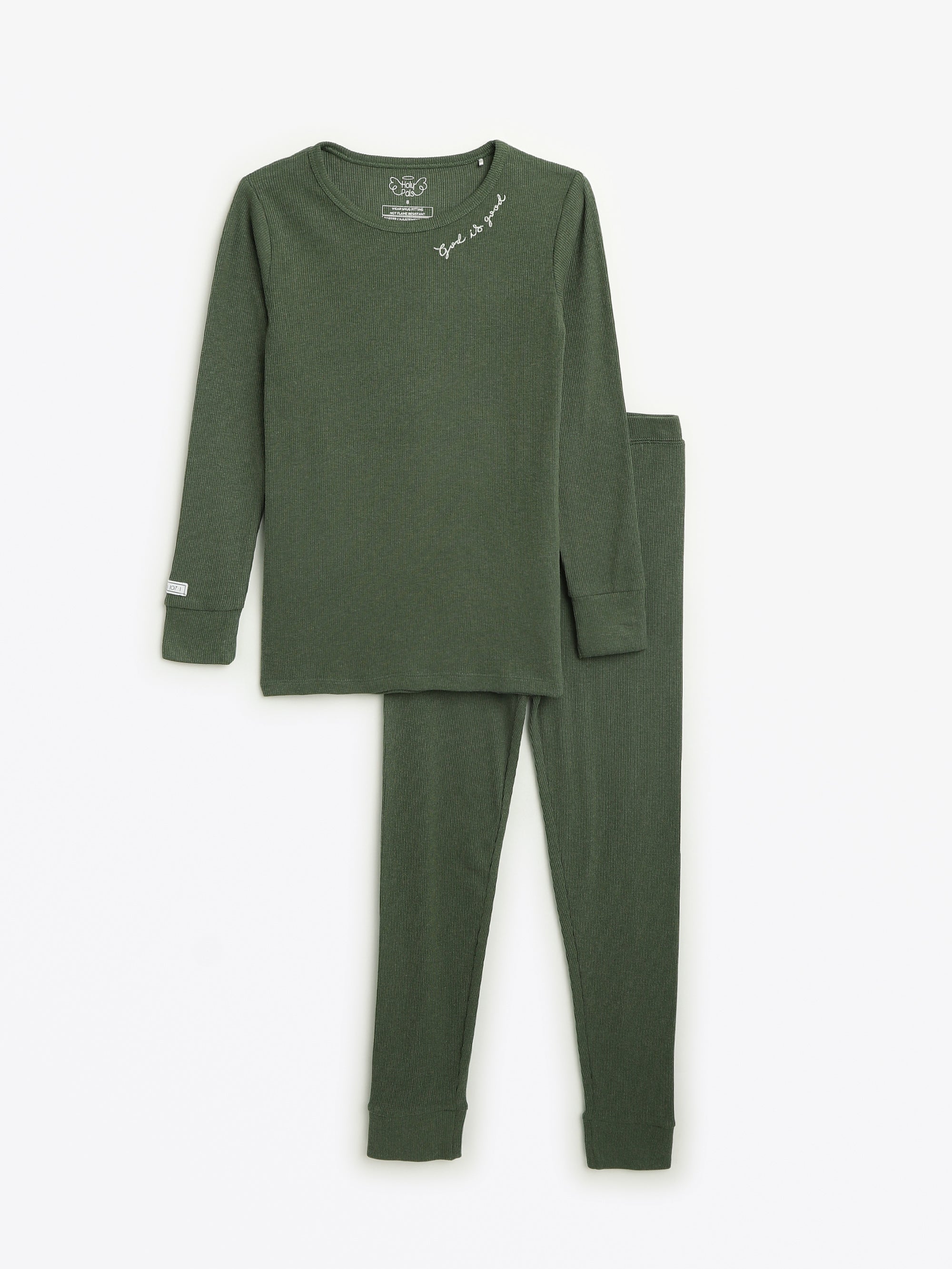 Solid Olive Pj Long Sleeve Set Ribbed Cotton-bamboo Blend