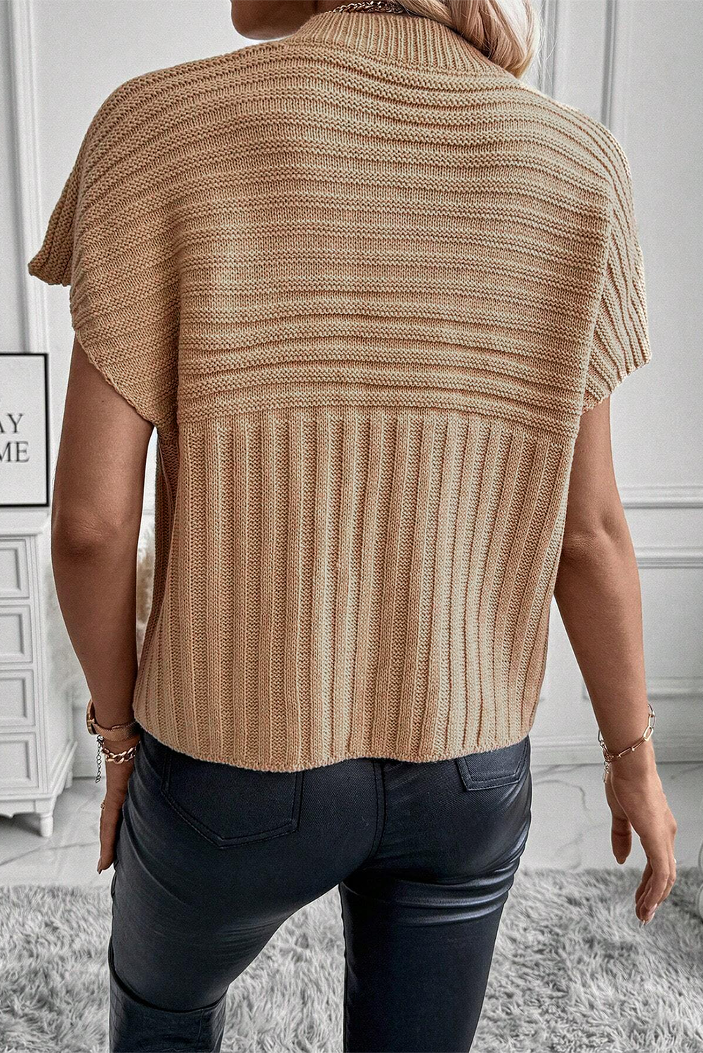 Light French Beige Rib Knitted Wide Sleeve Sweater