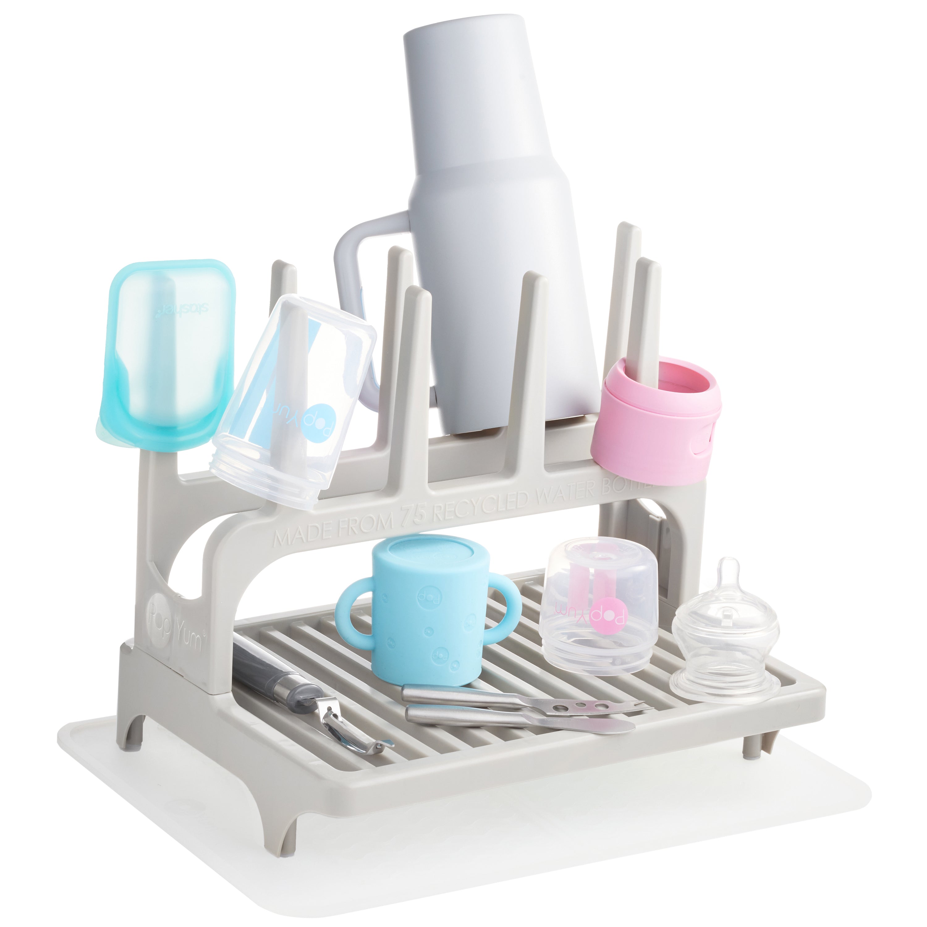 Popyum Seattle Gray Drying Rack From 100% Recycled Bottles With Silicone Drying Mat, Countertop For Baby Bottle, Plastic Bags, Cups, Compact