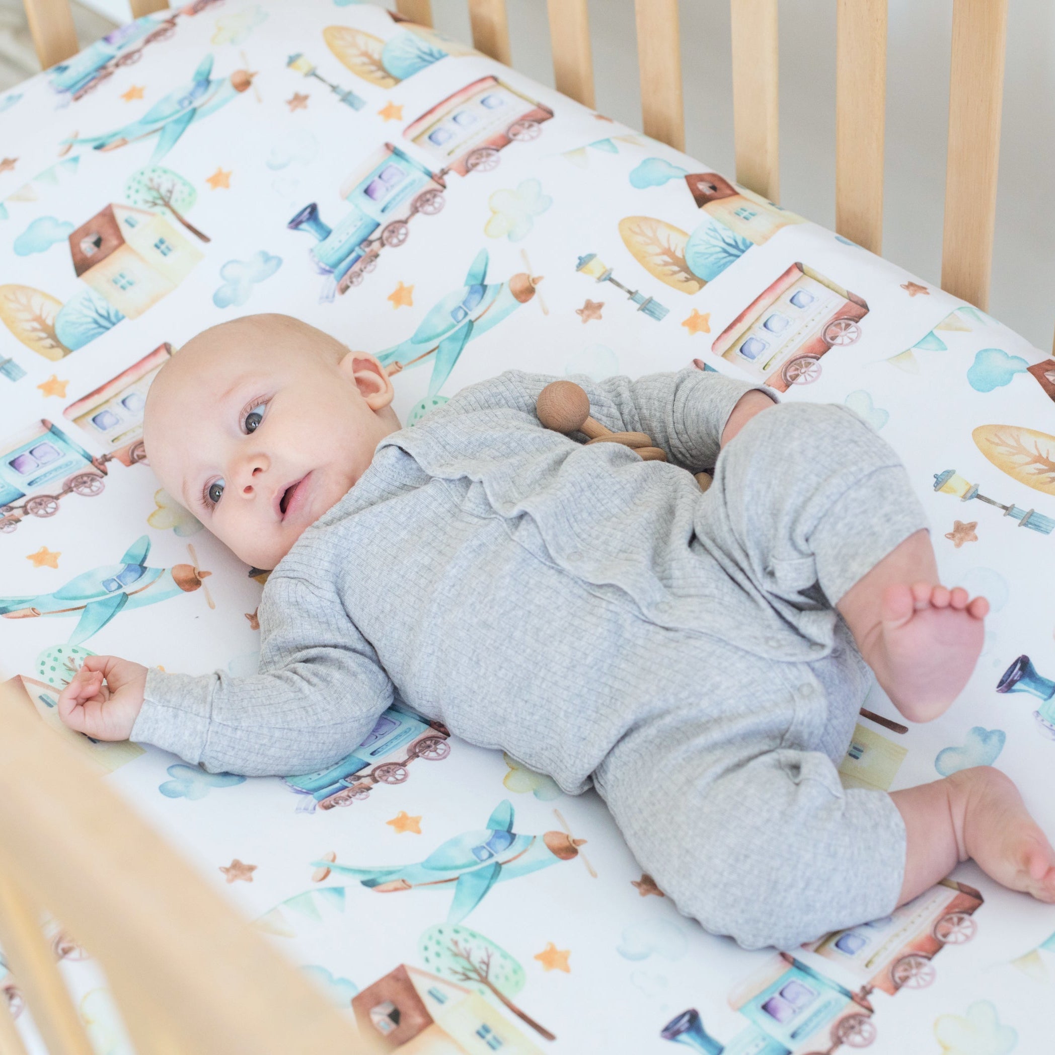 Fitted Crib Sheet - Airplane & Train