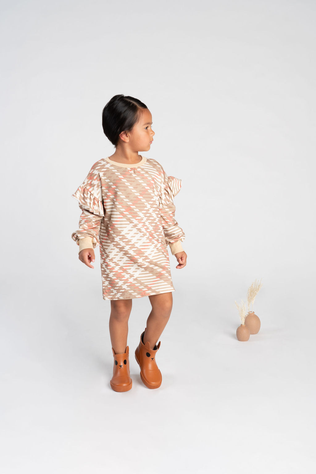 Girls Plaid Ruffle Terry Dress | Beige