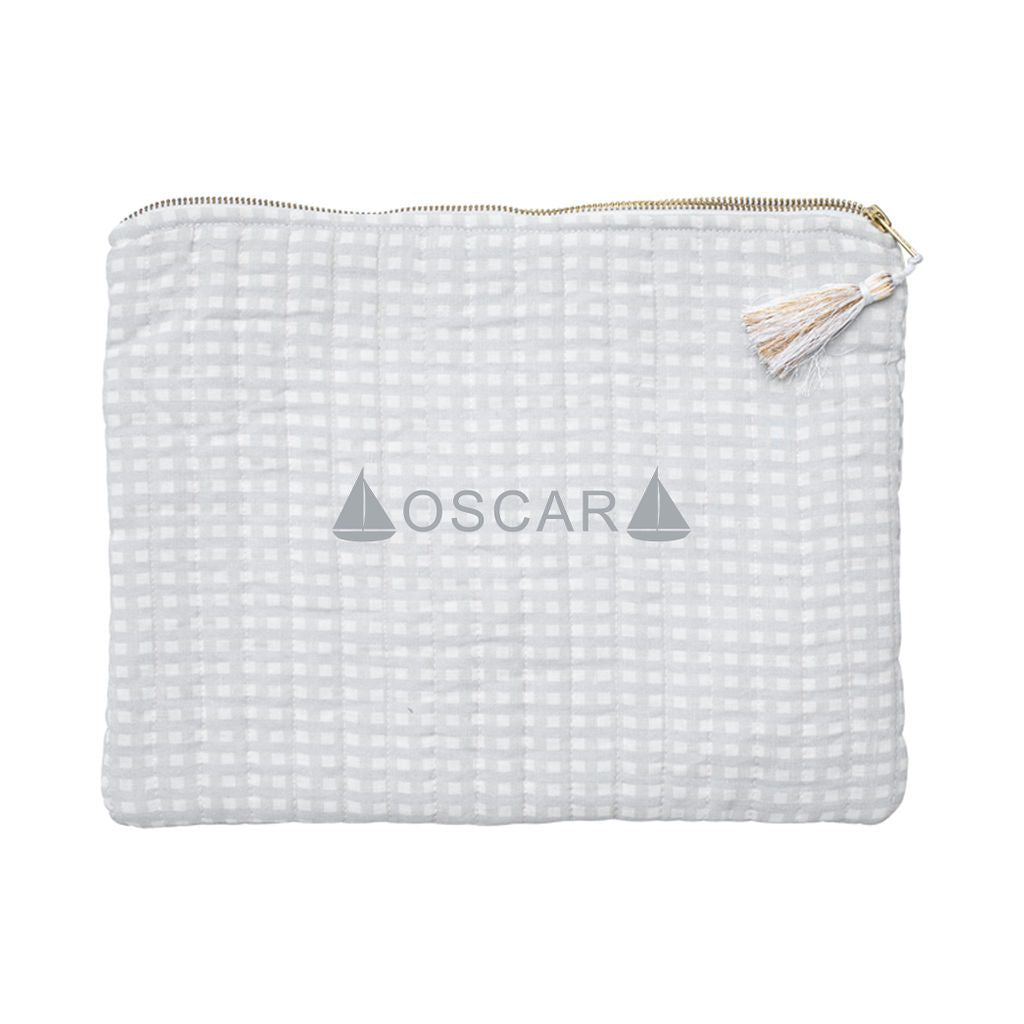 Monogrammed Linen Pouch | Grey Gingham