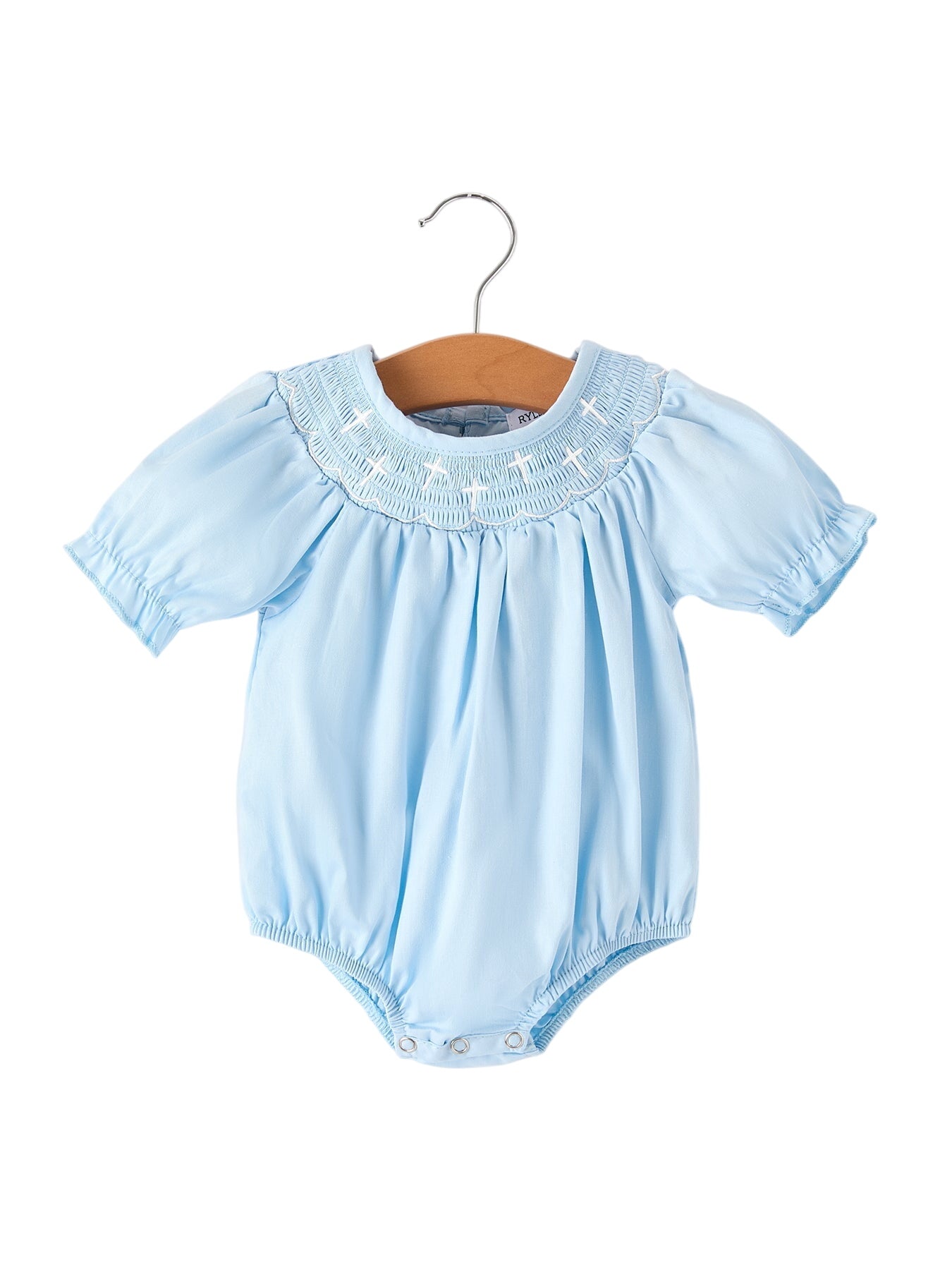 Girls Cross Smocking Embroidered Blue Romper