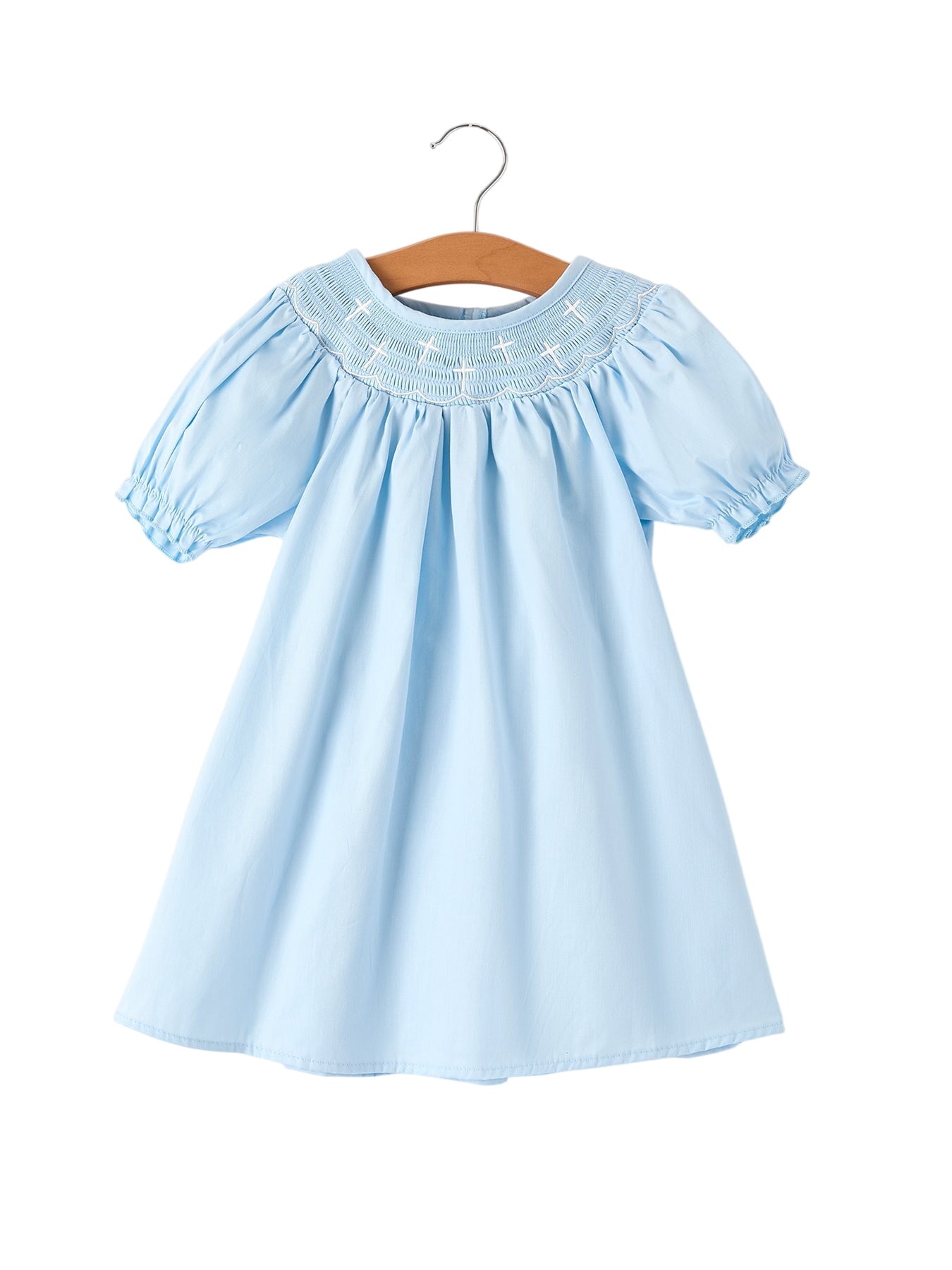 Girls Cross Smocking Embroidered Blue Dress