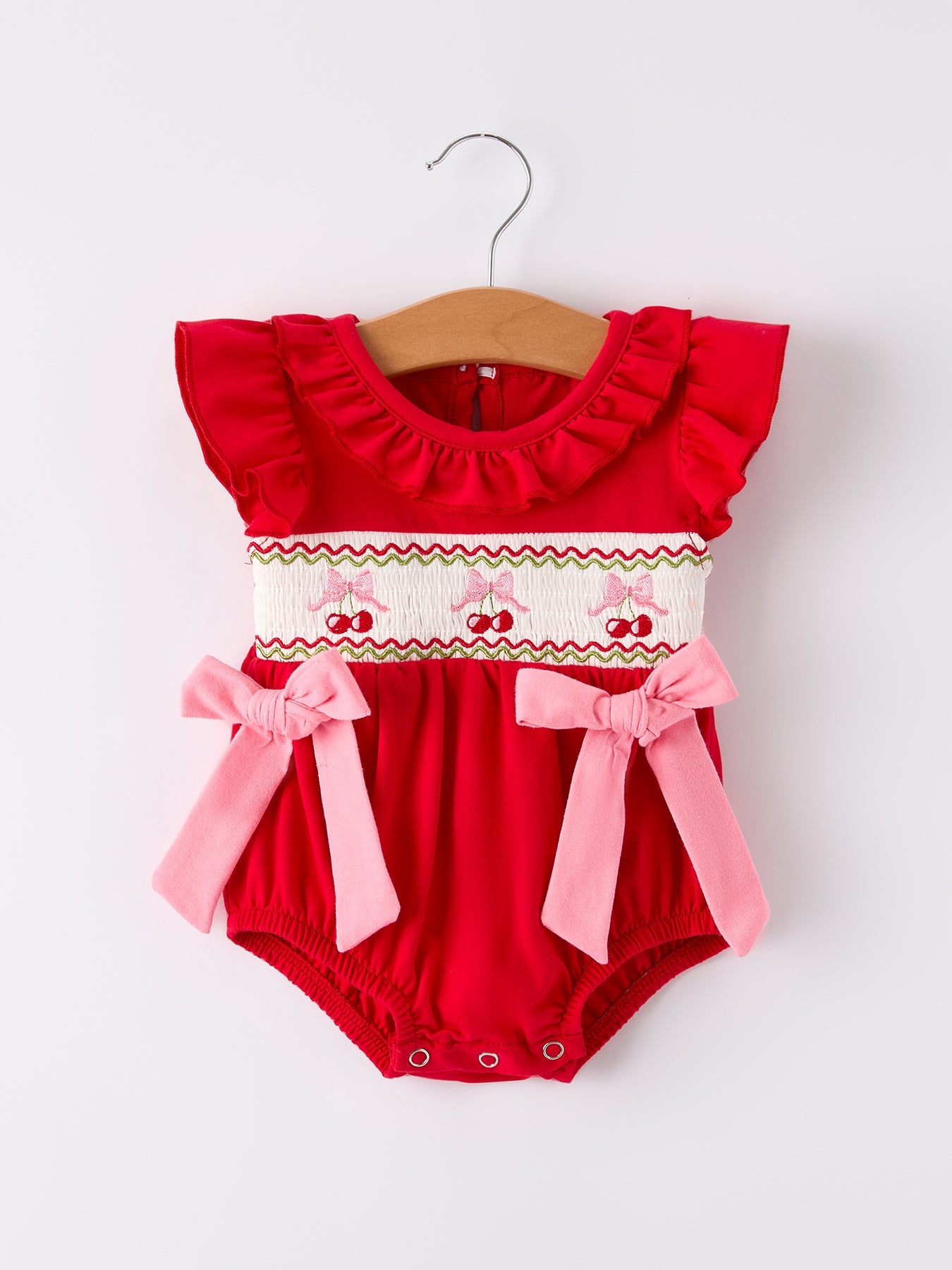 Red Cherry Bow Smocking Embroidery Girls' Romper