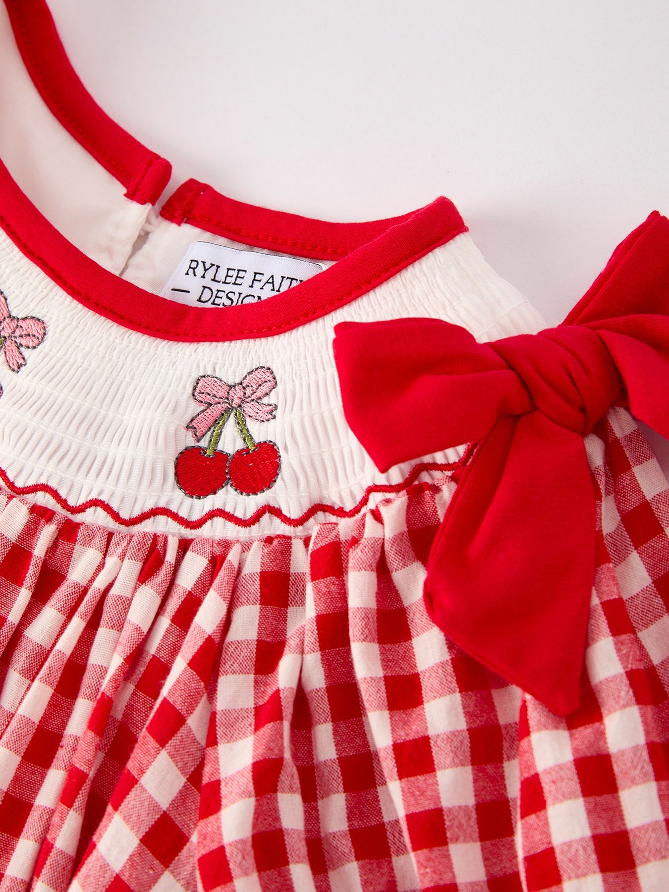Red Cherry Bow Plaid Smocking Embroidery Girls' Dress