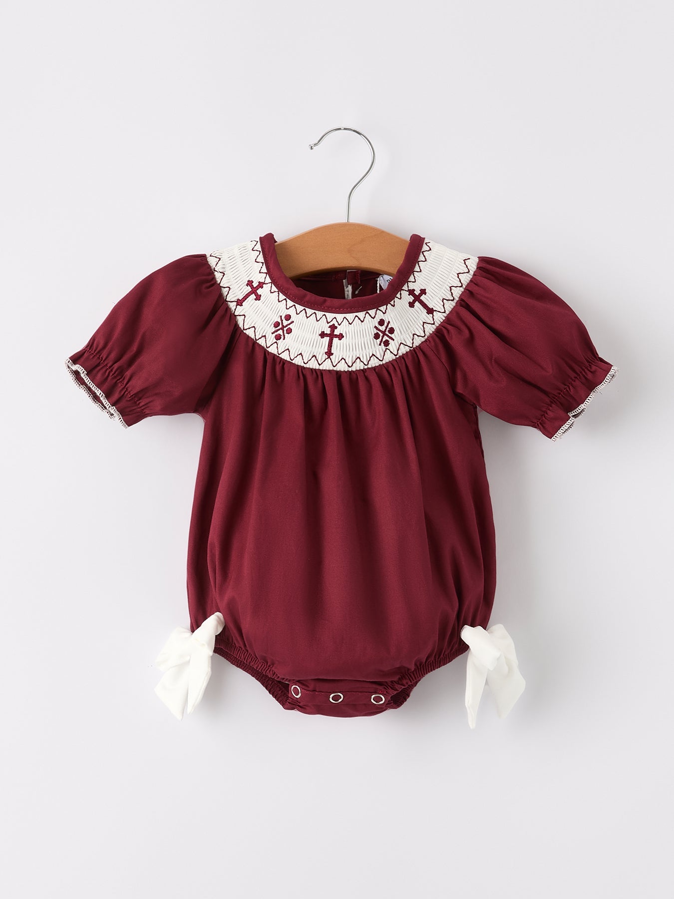 Dark Red Smocked Church Christ Bishop Christening Girls Romper