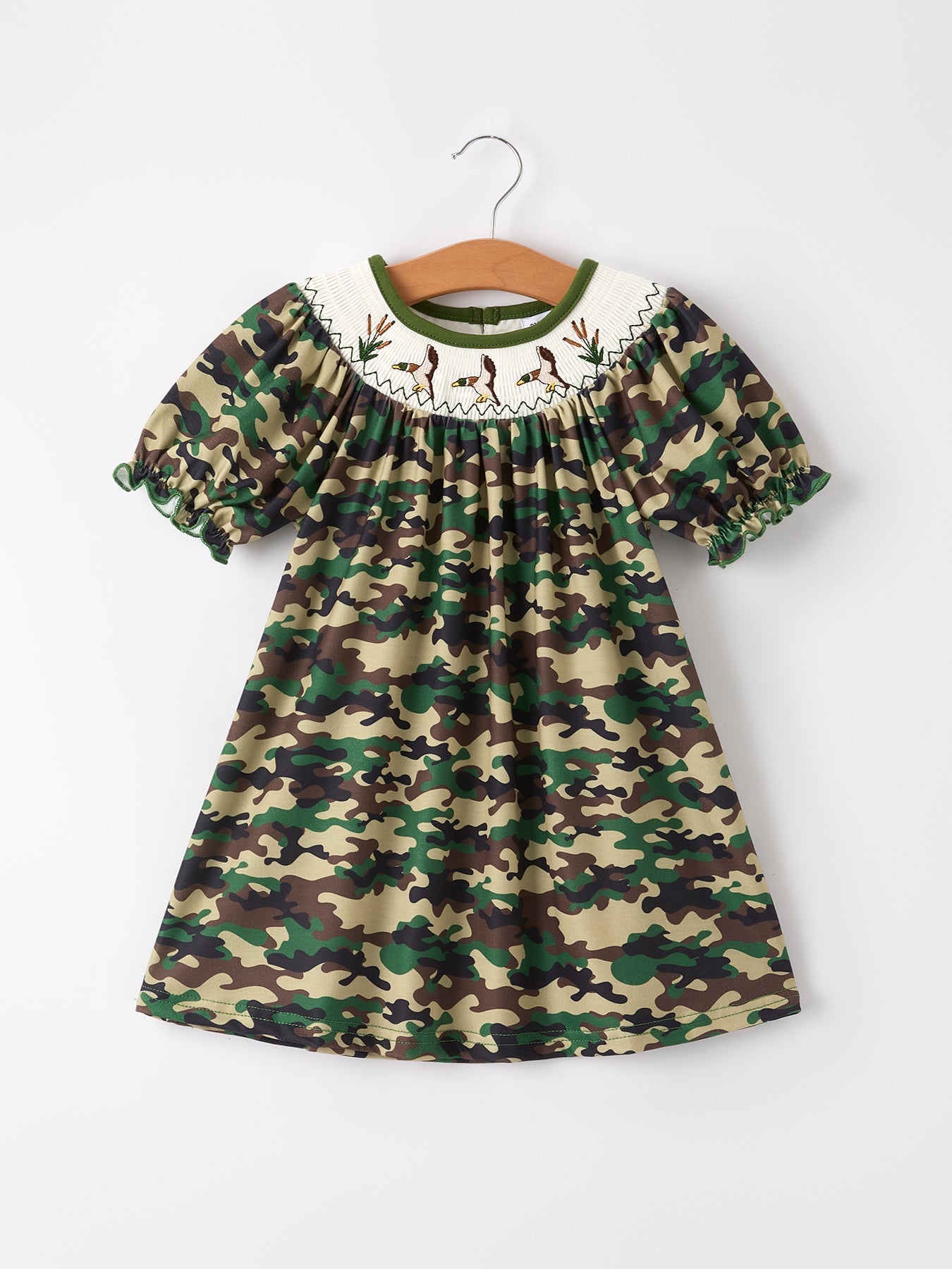 Camouflage Duck Smocking Embroidery Girls Dress