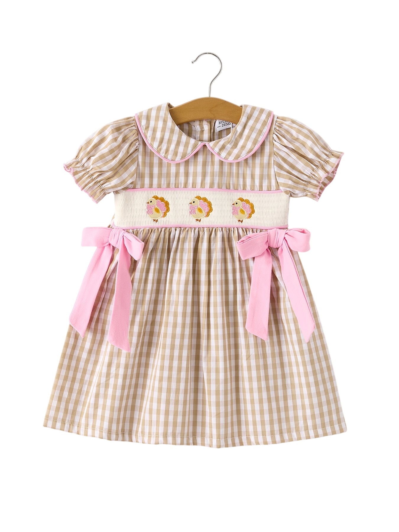 Fall Thanksgiving Lapel Plaid Chick Embroidery Smocking Bow Baby Girls Dress