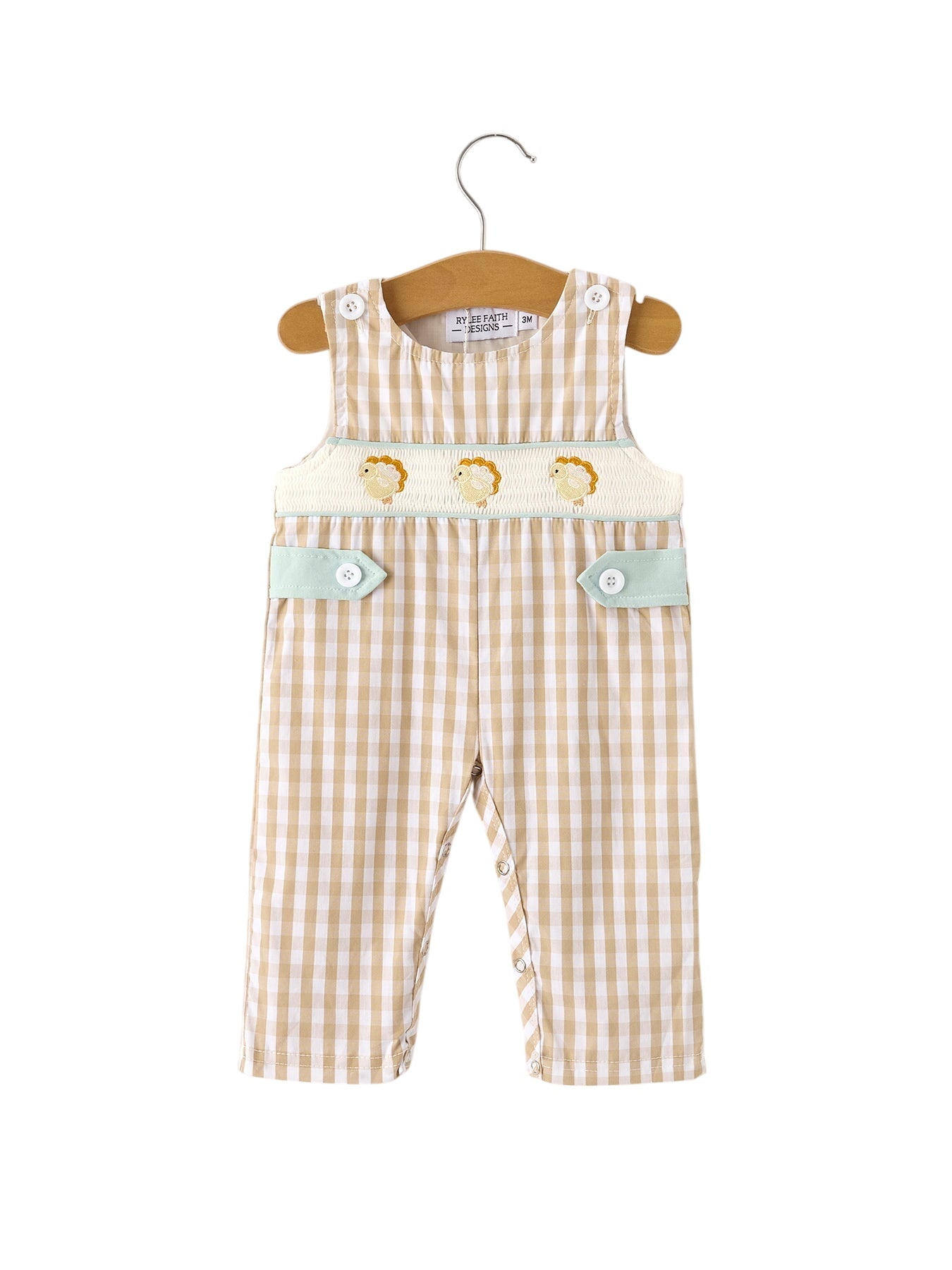 Fall Thanksgiving Apricot Plaid Chick Embroidery Smocking Baby Boys Romper