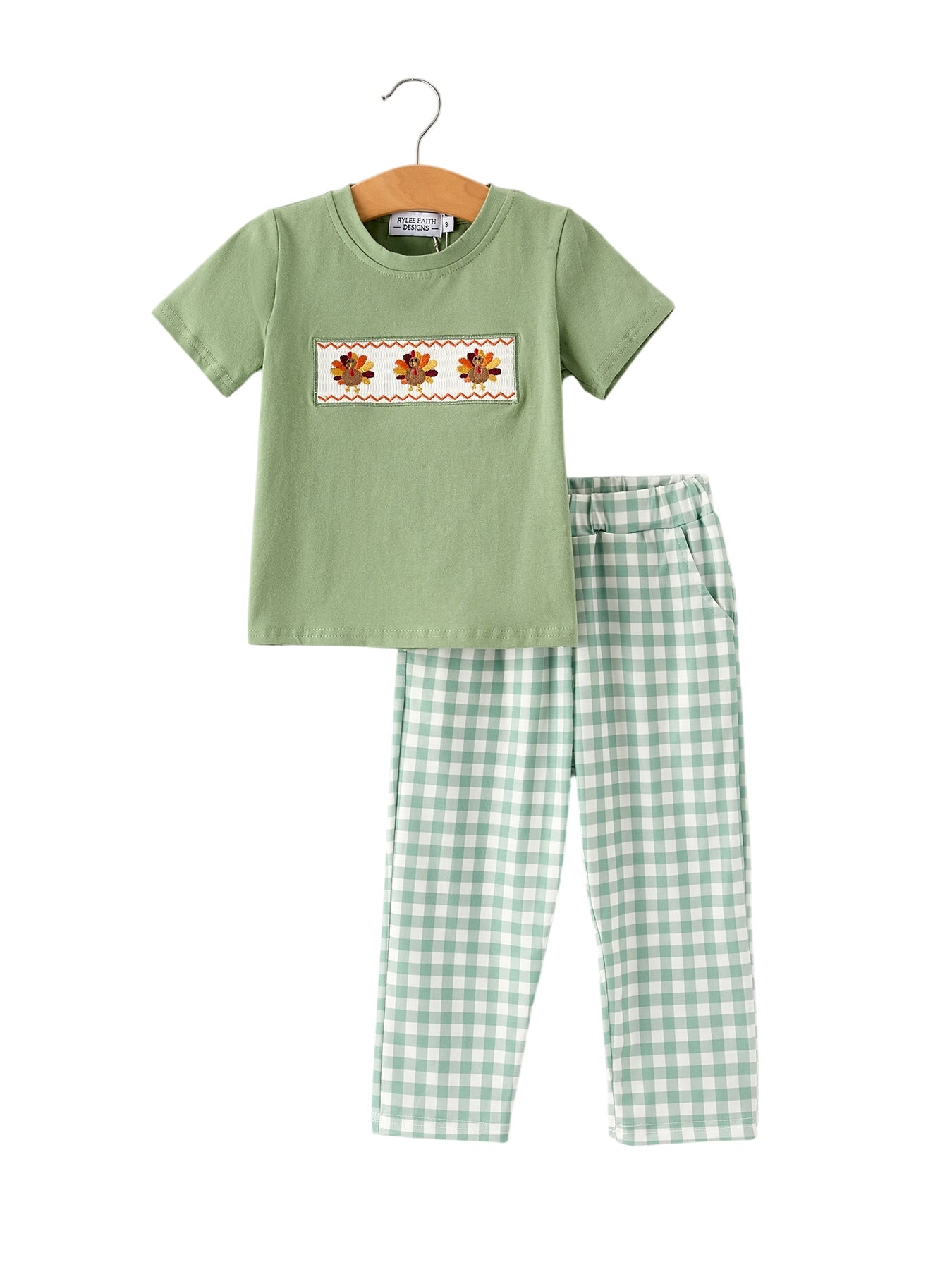 Fall Thanksgiving Chicken Smock Embroidered Green Plaid Boys 'set