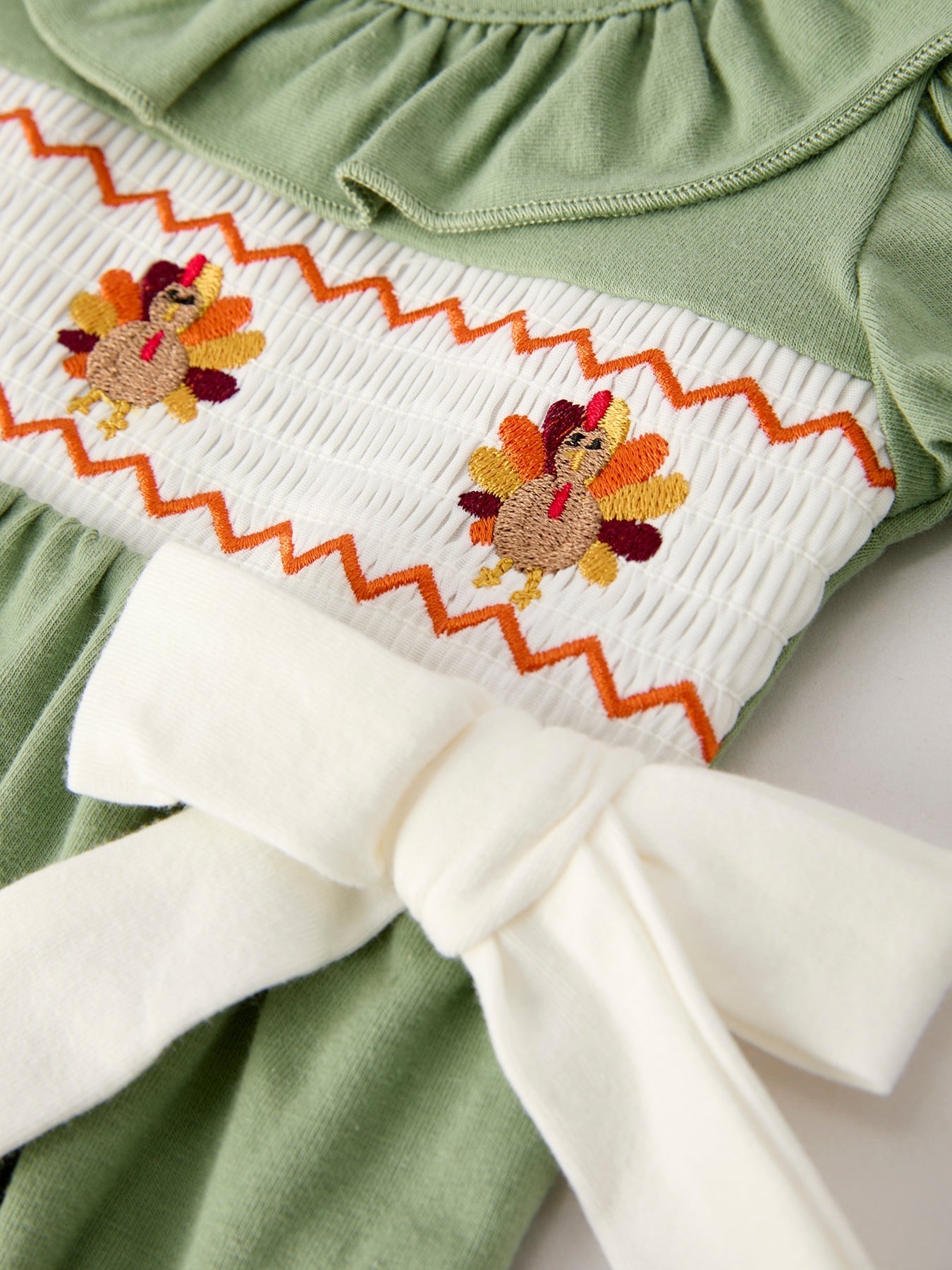 Fall Thanksgiving Chicken Smock Embroidered Green Baby Girl Romper