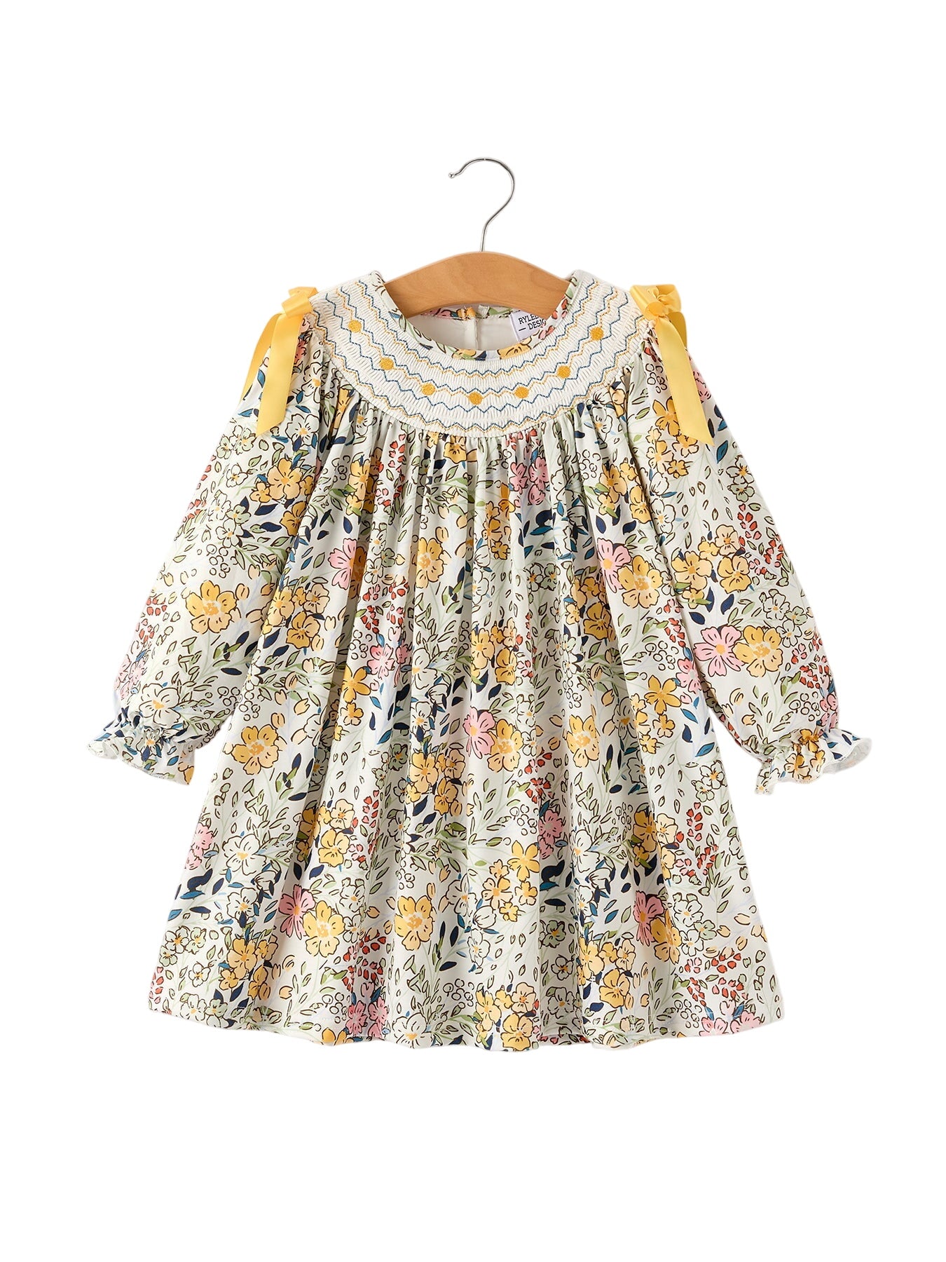 Fall Embroidery Smocking Bow Floral Leaf Baby Girls Dress