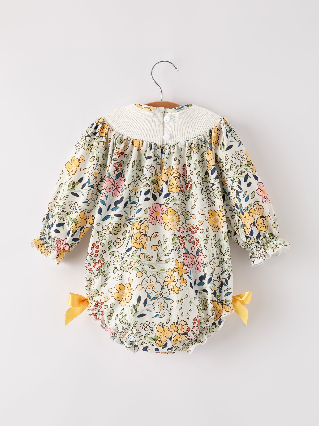 Fall Embroidery Smocking Bow Floral Leaf Baby Girls Romper