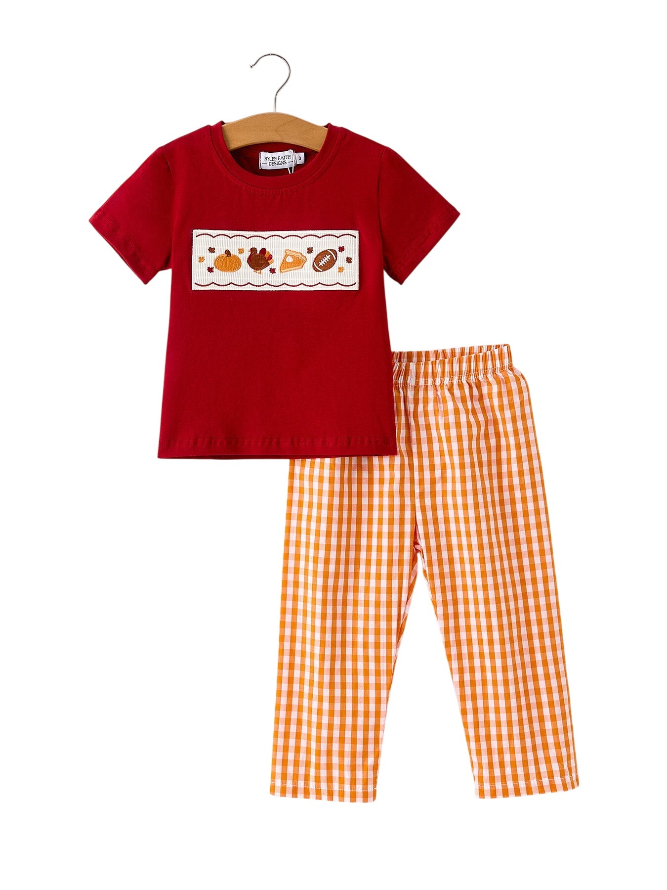 Fall Embroidered Boy Set – Orange Checkered With Halloween Details