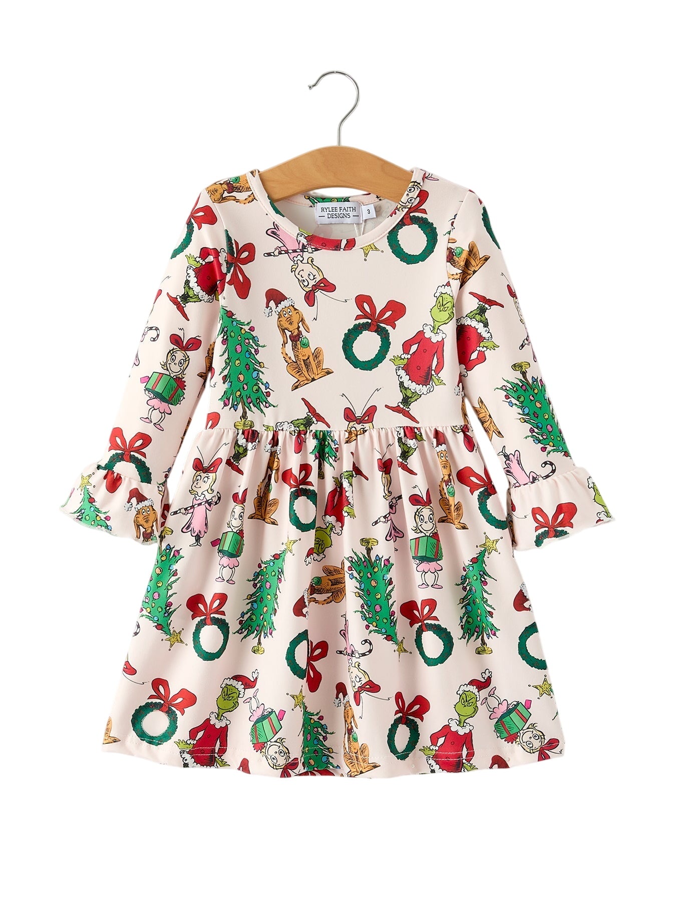 Christmas Character Print Girls Dress With Ruffle Sleeves