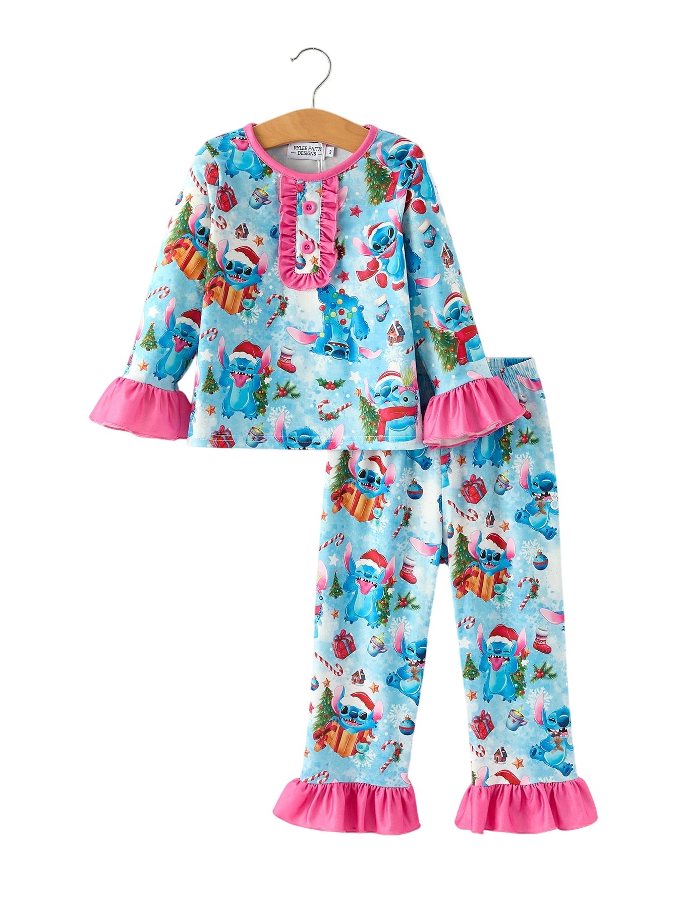 Christmas Girls Pajama Set With Ruffle Detail And Buttoned Top